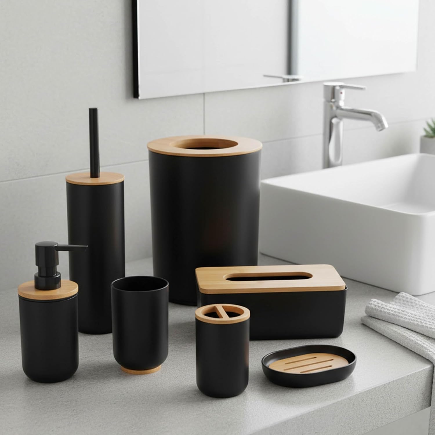 Black Toilet Brush and Holder Set Padang with Bamboo Top – Modern Bathroom Accessory for Neat Organization – Compact Design, Concealed Storage, and Durable Handle
