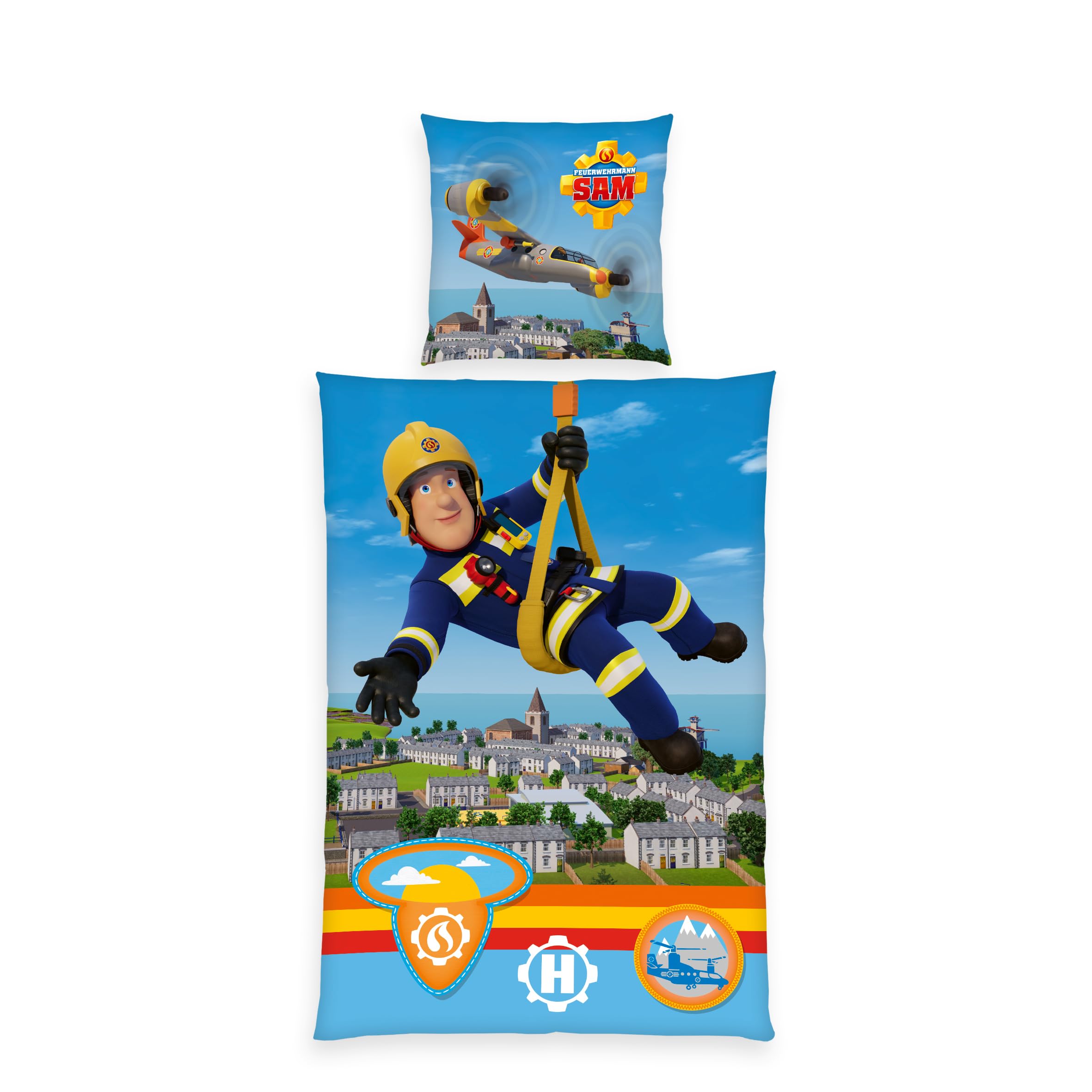 Herding Fireman Sam Bed Linen, Pillowcase Approx. 80 X 80 Cm, Duvet Cover Approx. 135 X 200 Cm, With Branded Zip, 100% Cotton/Renforcé