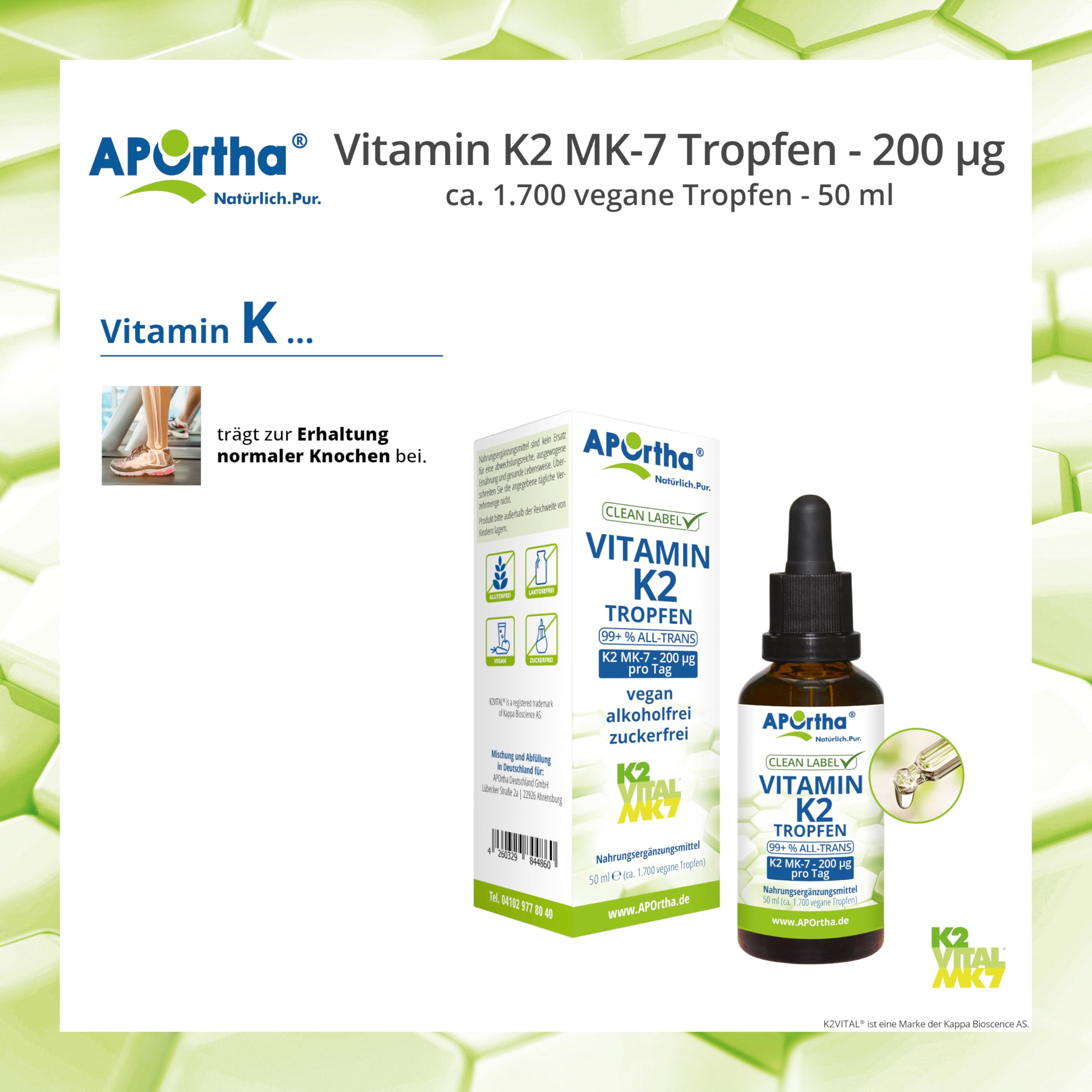 APOrtha® Vitamin K2 MK-7 Tropfen (K2VITAL®) 50 ml, 200 µg pro Tagesdoses von 10 Tropfen, ca 1.700 vegane K2-Tropfen 99+% ALL-Trans, hochdosiert, allergenfrei, alkoholfrei, zuckerfrei, glutenfrei