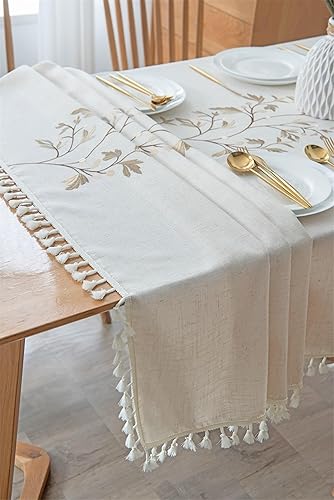 Miniatura 7 de Cloth Table Covers, 55 x 79 inch, Rectangle, Khaki Beige, Polyester Embroidered Leaf with Tassel Dinner Table Cover