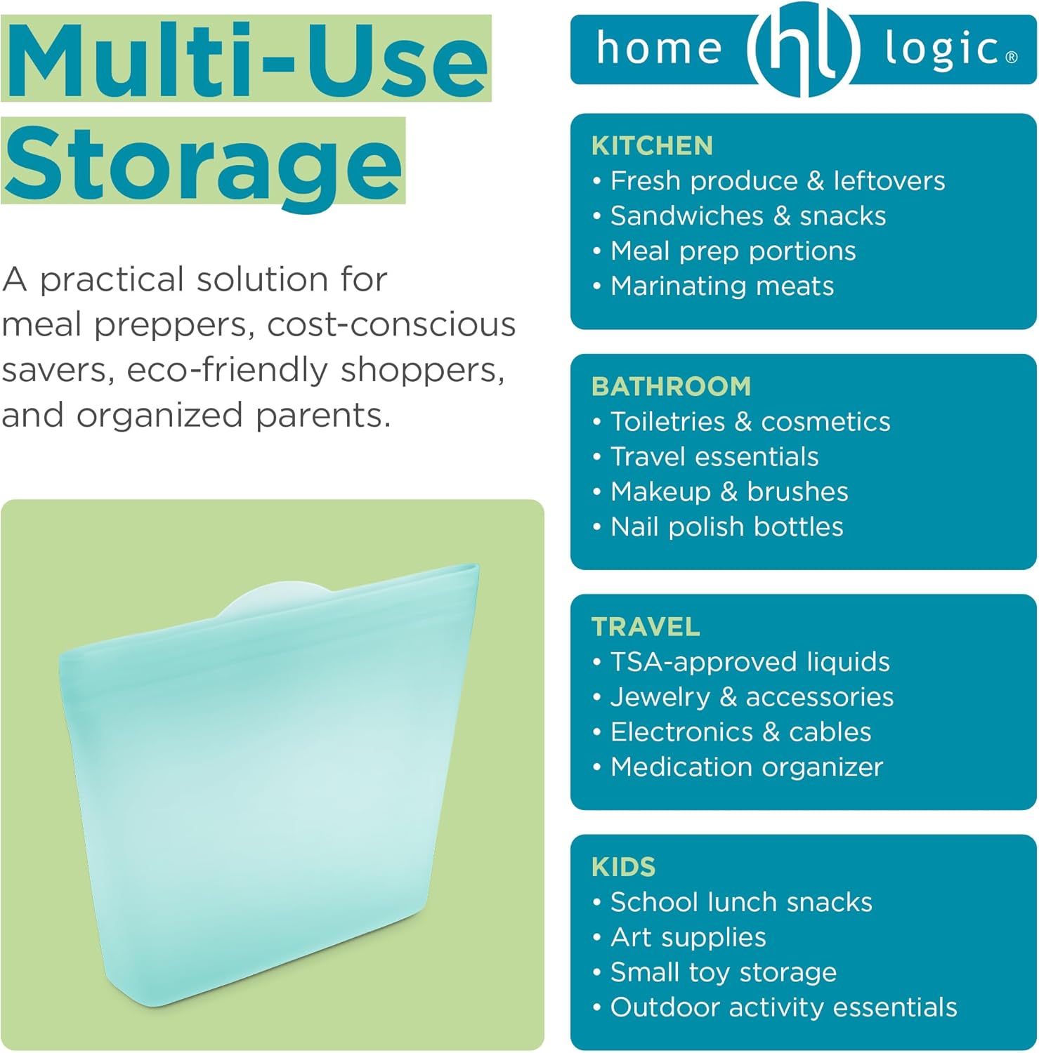 Home Logic Reusable Sandwich Bags - Set of 6 Pool Blue Silicone Freezer Bags, Airtight Leak Resistant Reusable Zip Bags for Kitchen Home Food Prep, Microwave & Sous Vide Safe