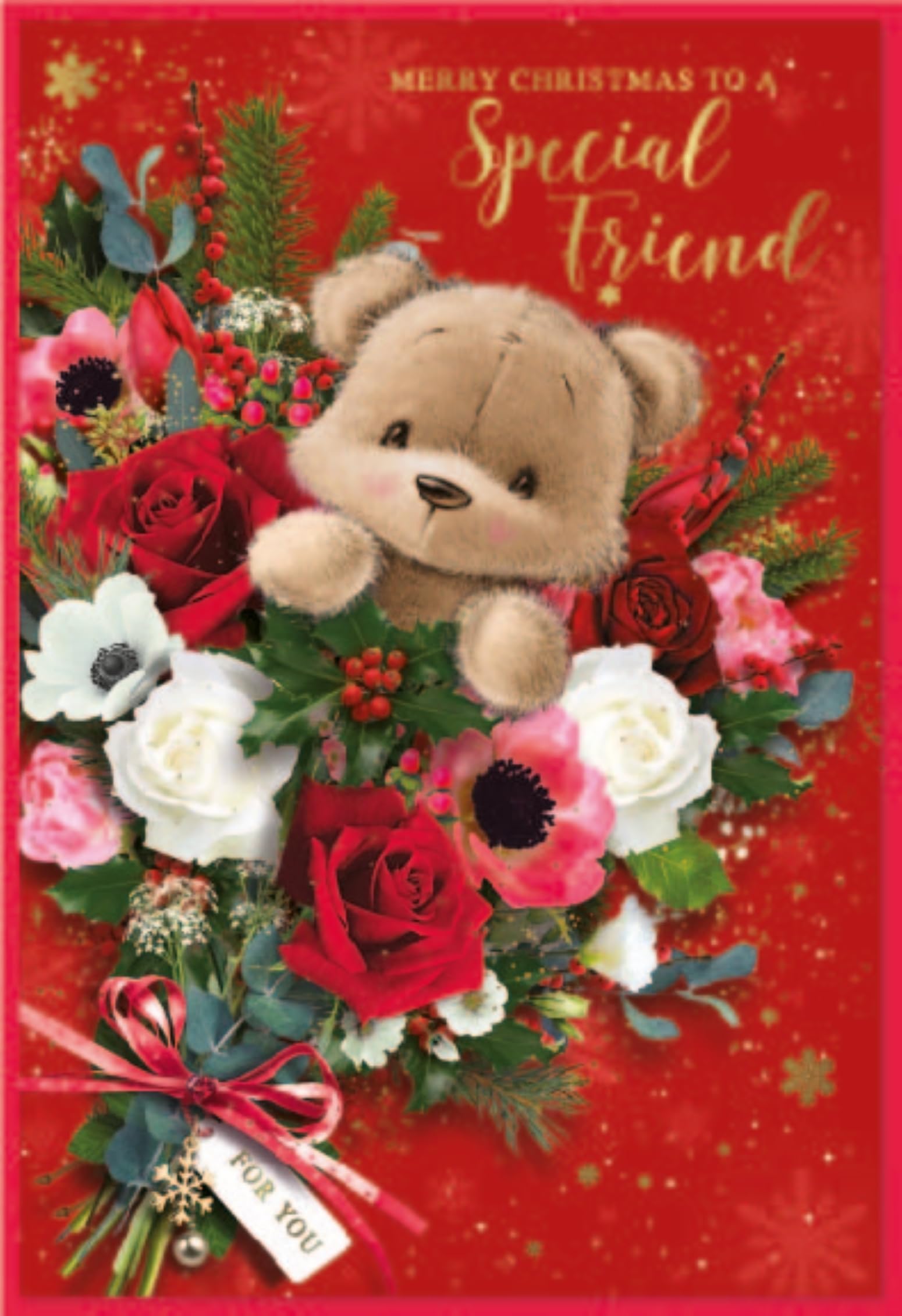 Special Friend Christmas Card - Bear In Flowers with Gold Foil 7.5x5.25"