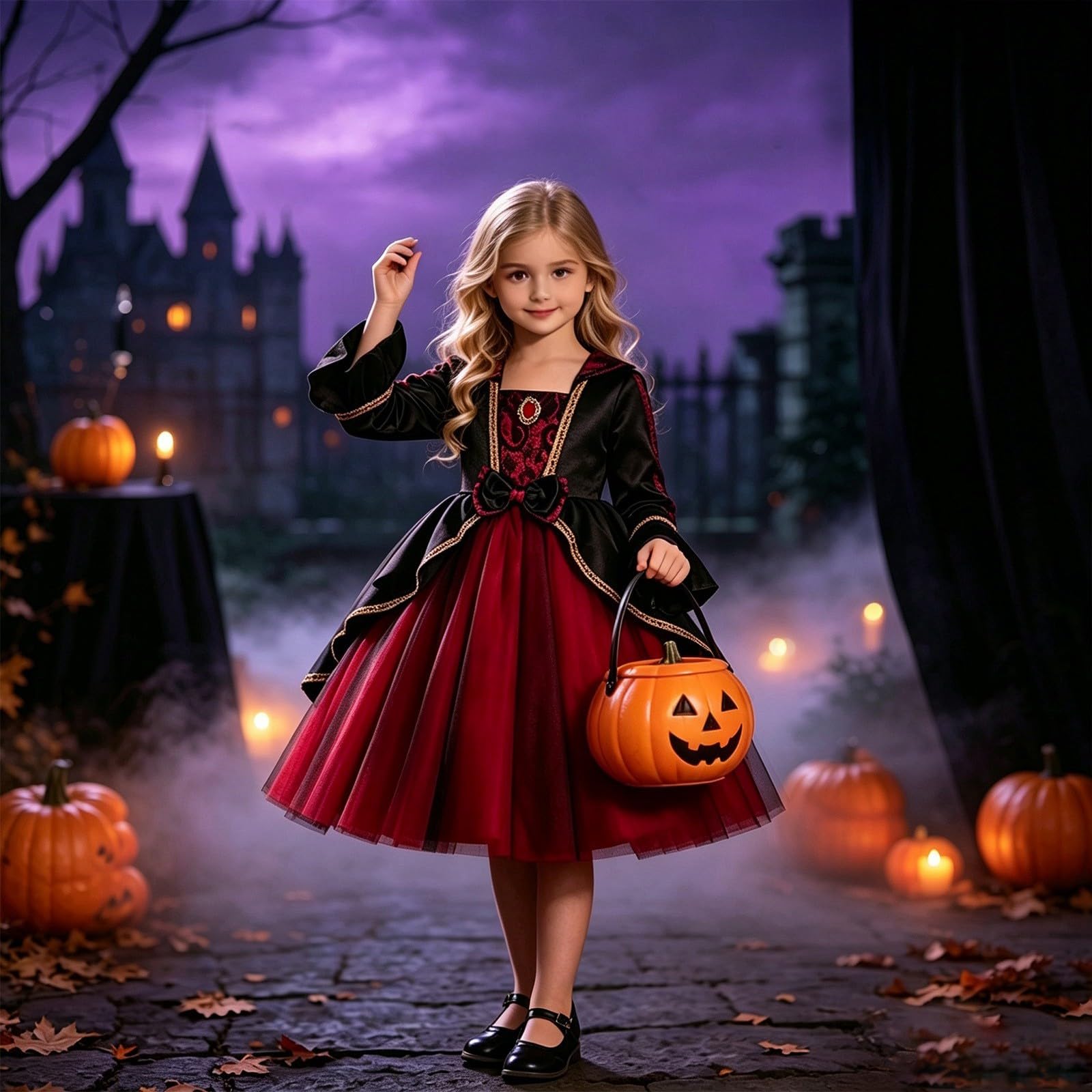 Générique Abito da ragazza gotico a maniche lunghe, costume di Halloween per bambini, abito da strega per feste in costume.