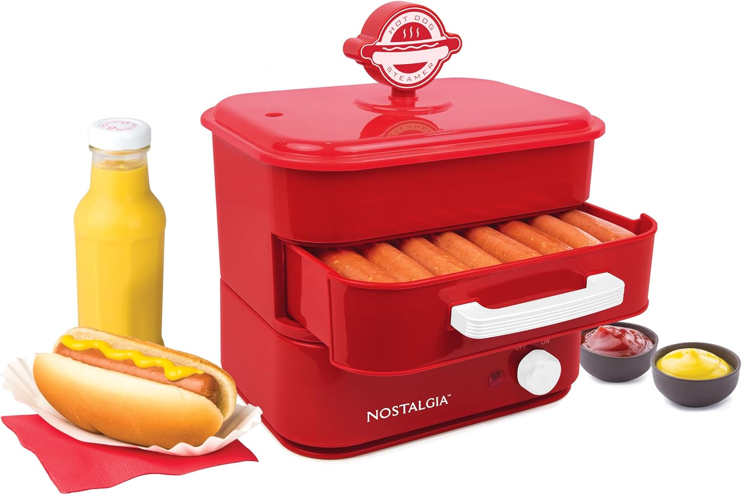 Nostalgia Diner Style Hot Dog Steamer – 8 Hot Dog and 4 Bun Capacity – Perfect for Breakfast Sausages, Brats, Vegetables, or Fish – Red