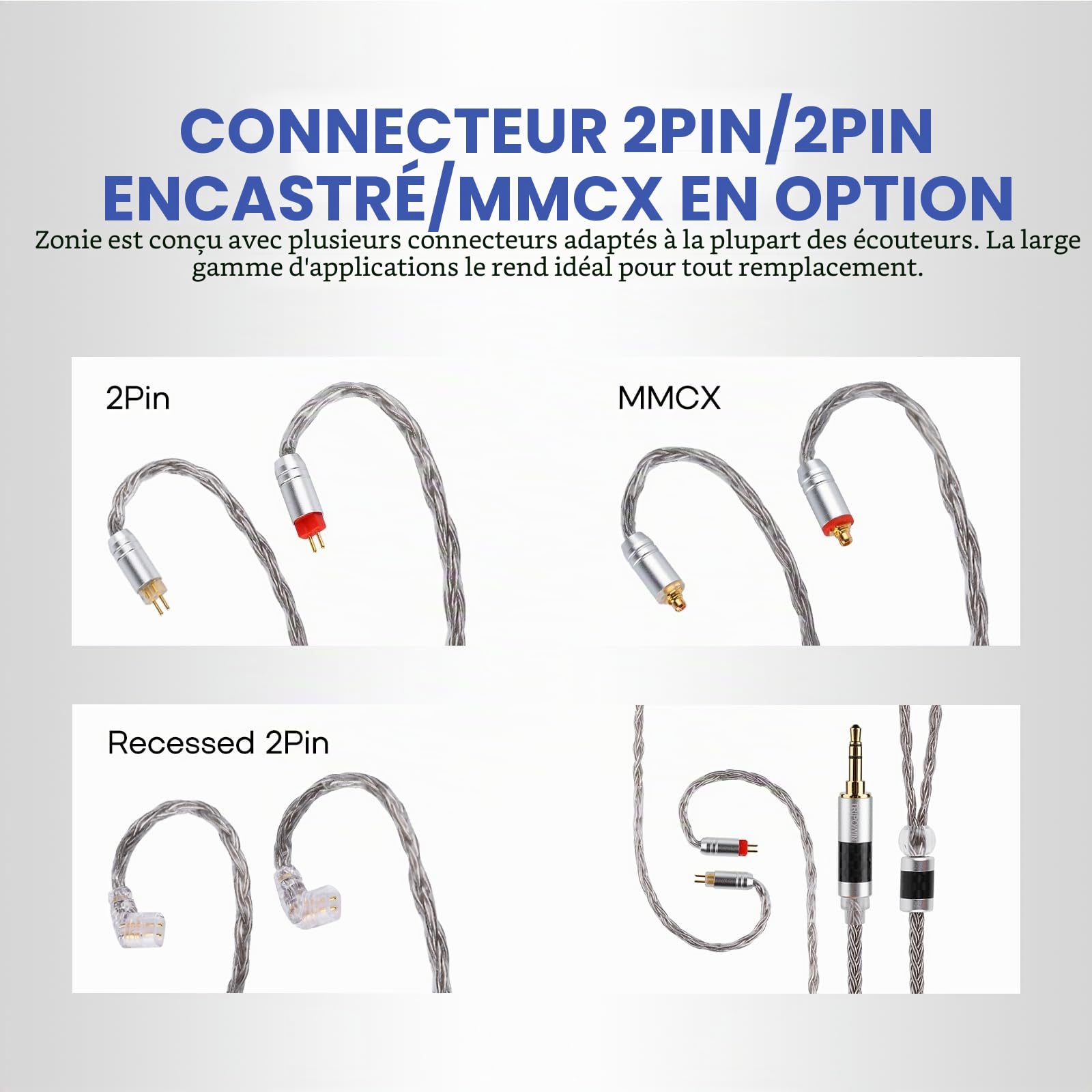 Tripowin Zonie IEM Câble 16 Fils Argenté 1,25m SPC In Ear Monitor 3,5mm 0,78mm 2pin Gris