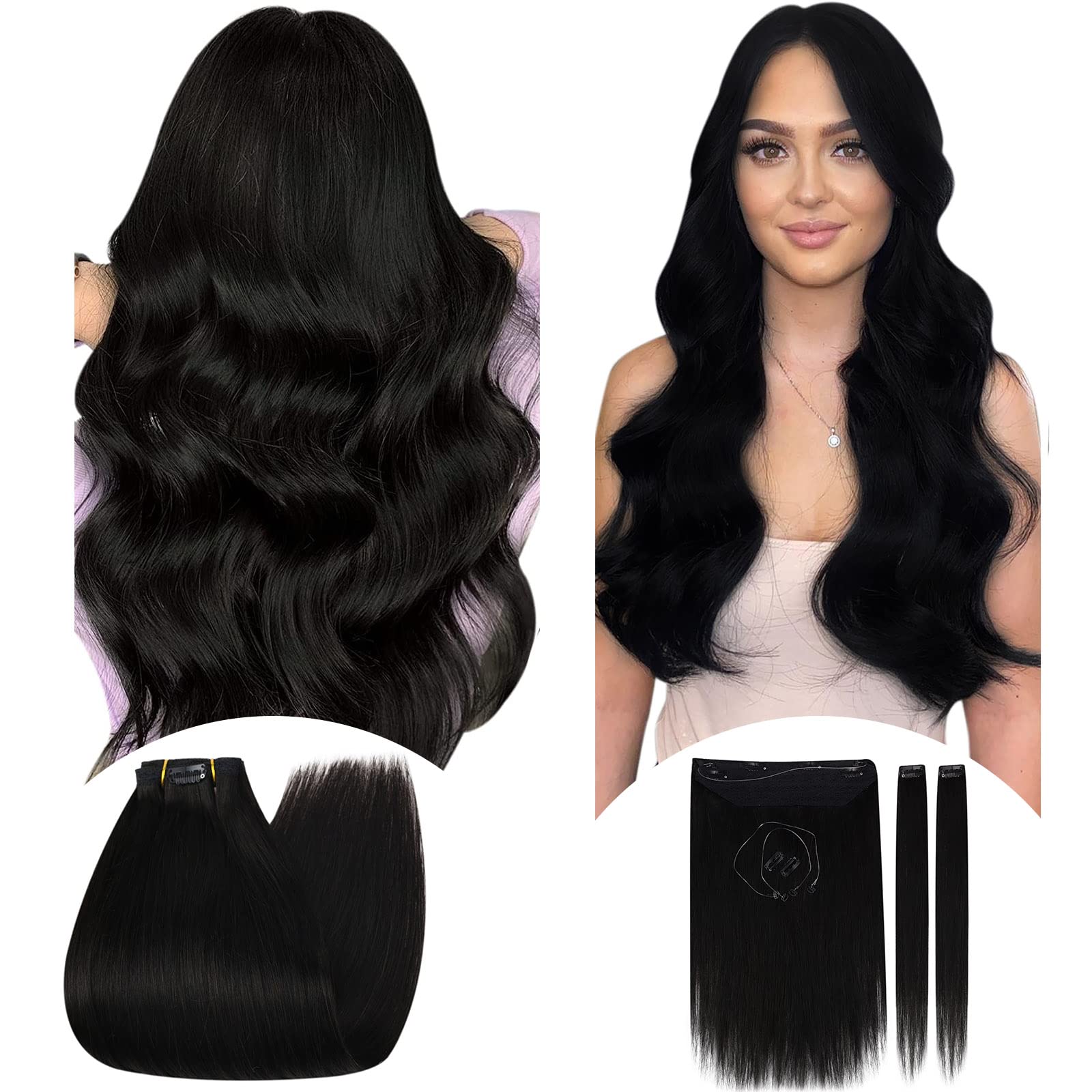 Ugeat 18 Inch 7 Pieces Clip in Hair Extension and 18 Inch Wire Weft Human Hair Extensions with 2 Pieces Clip in Hair Extensions Black Human Hair Bundle
