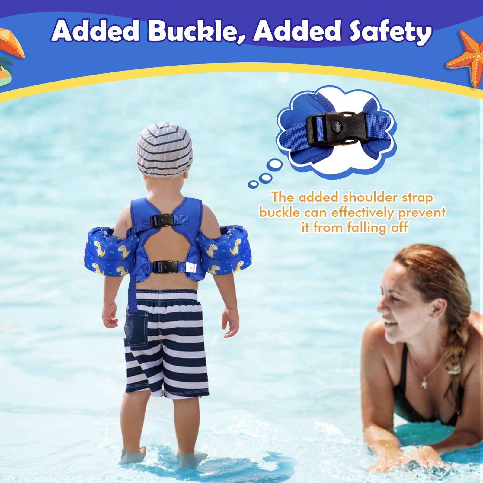 MoKo Gilet De Bain Enfant Brassard Natation Dessin Animé Avec Sangle Et Sifflet - Requin Surfeur Dinosaure
