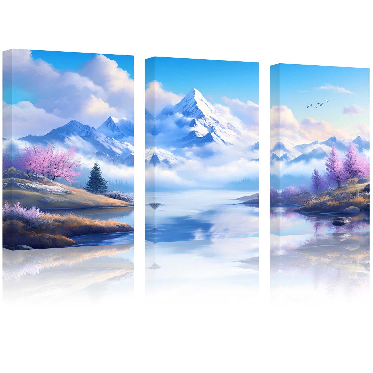 Orzech Canvas Wall Art Pictures: 3 - Panel Mountain Landscape with Lake & Cherry Blossoms, for Living Room, Bedroom, Office, Hotel, Café, Home Decor, 12×16 Inch
