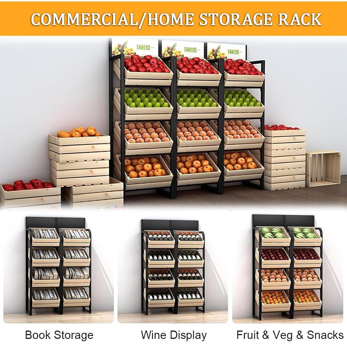 Étagère de Cuisine à 4 Niveaux pour Fruits et légumes, présentoir de Sol en Bois Massif pour oignons et Pommes de Terre, Grand Cadre de Rangement Multi-Niveaux