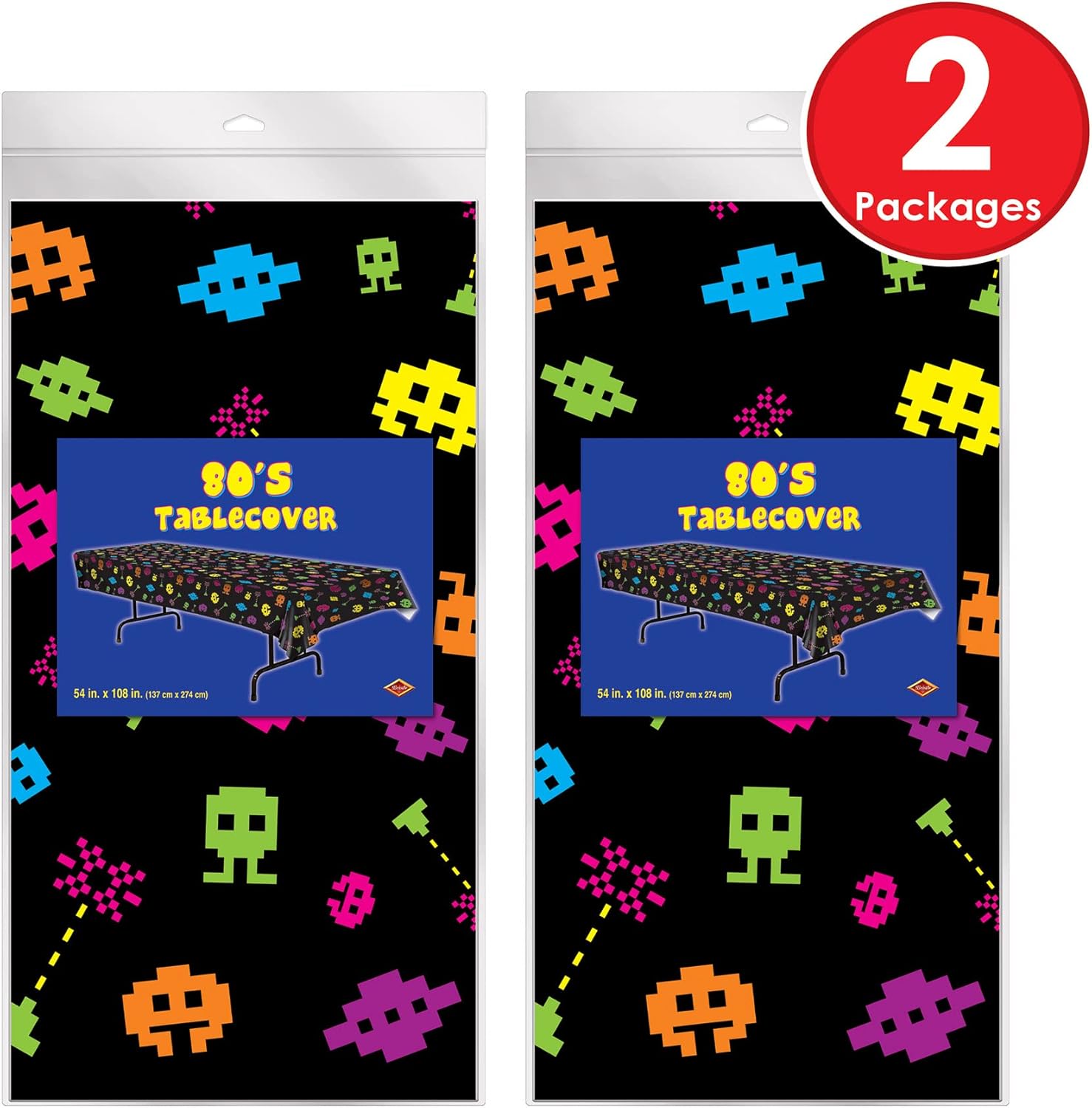 Beistle 80’s Tablecovers, 54” x 108”, 2 Pieces – Plastic Rectangular Tablecloth, Table Covers for Party, Party Decorations, Birthday Video Game Supplies, Multi Color