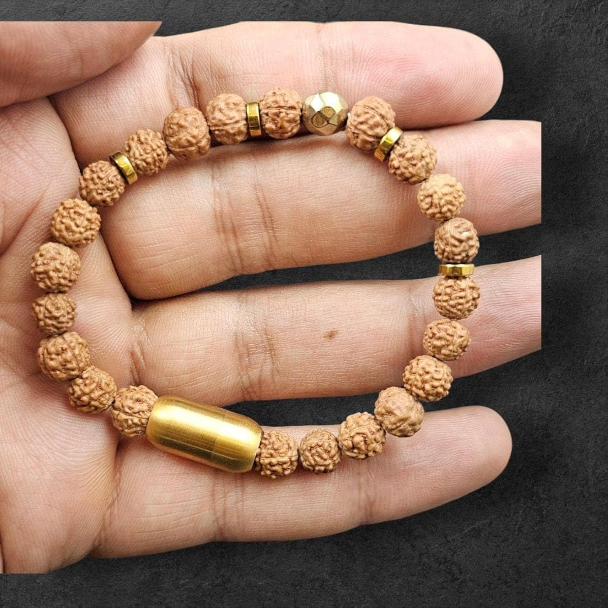 Pyrite Fools Gold Bead Five Face Rudraksha Bracelet, Certified