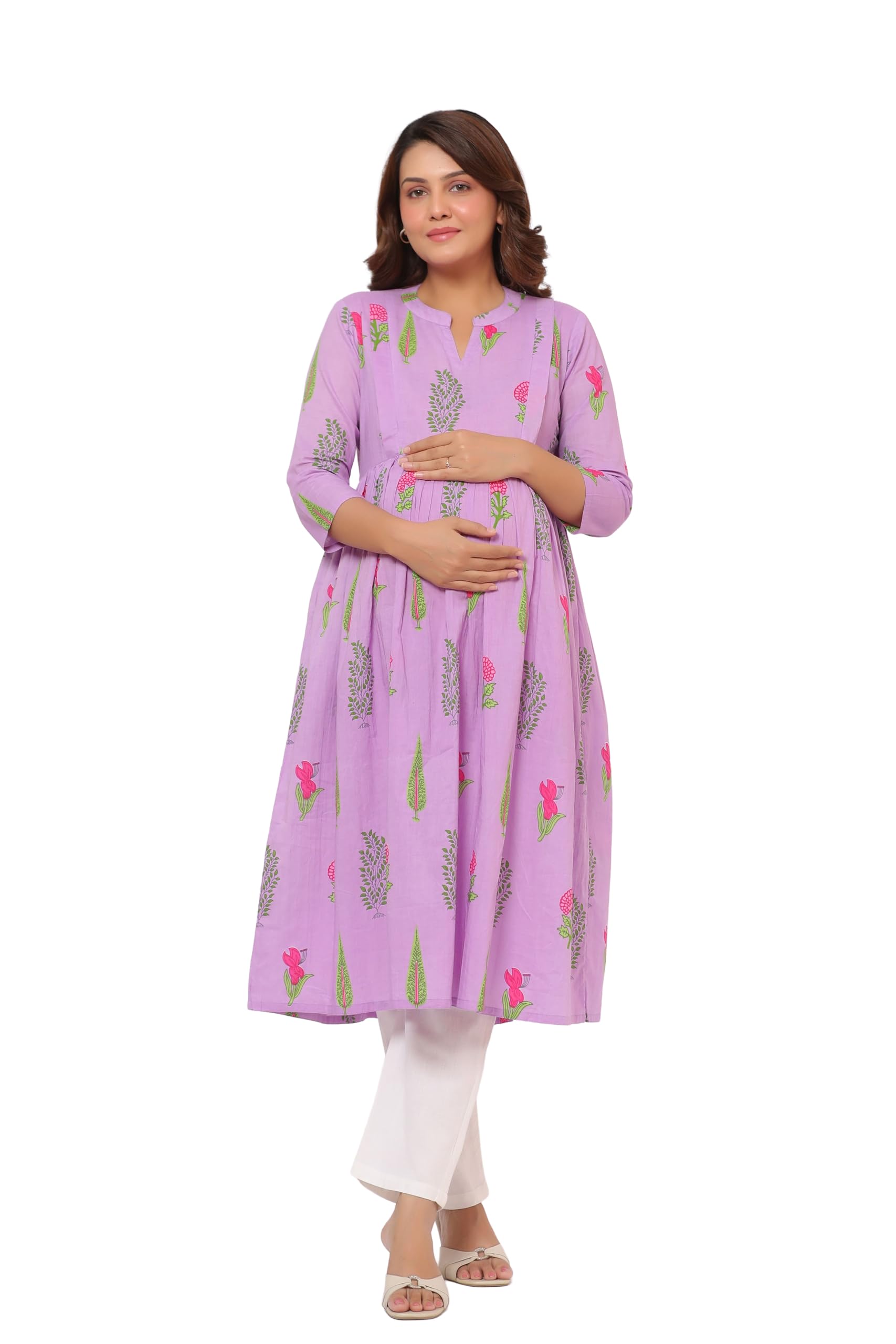 crafiqa Pre & Post Maternity/Nursing Wear Hand Printed Kurta Cum Midi Dress/Nighty with Both Sides Zipper Easy Feeding to Be Moms & Nursing Mothers Cotton Lilac-picture-16