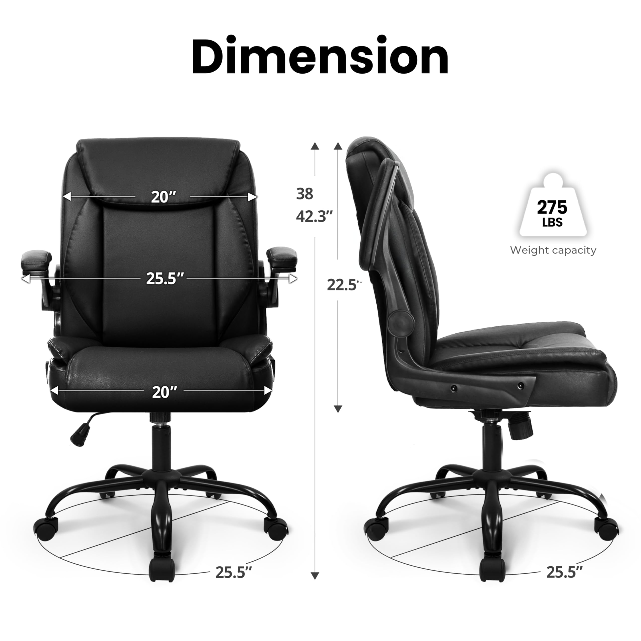 NEO CHAIR Office Desk Computer Chair Ergonomic Executive Mid-Back Leather Gaming Chair with Adjustable Flip-Up Armrests Wheels Swivel for Home Study Task (Jet Black)