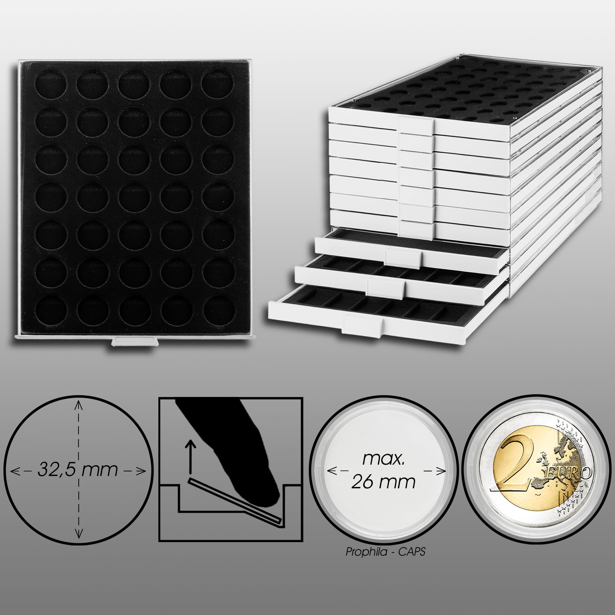 Prophila coin box gray 35 round compartments for 10/20-Euro-coins or coins up to 32,5 mm, black insert, 237 x 296 x 22 mm - Image 3