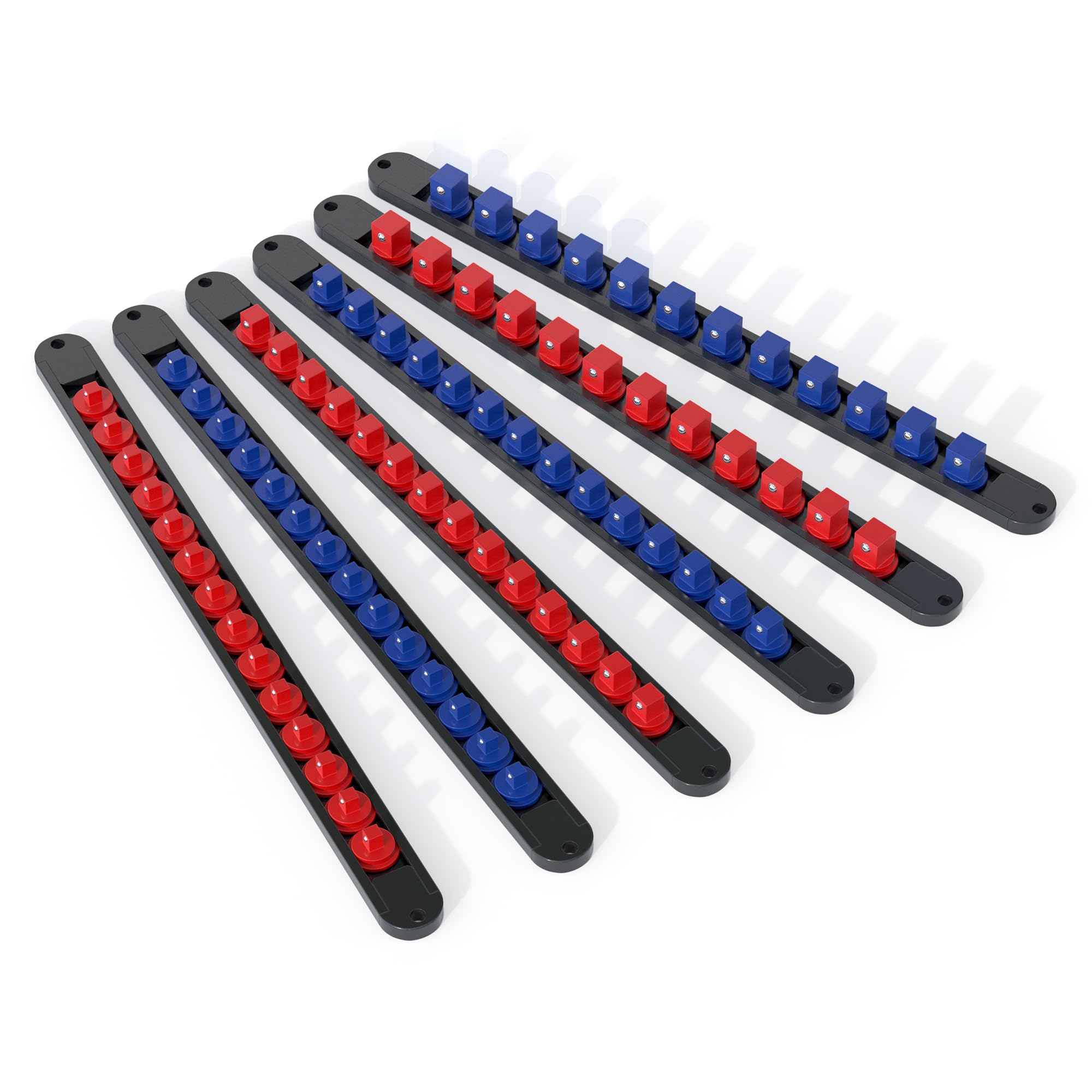 FIVEPEARS 6PCS 360° Socket Organizer Twist Lock,3/8 1/4 1/2 Socket Storage Rails, Premium Quality Socket Holders for Tool Box ?Tool Carts?Contains up to 80 Clips (Blue & Red)