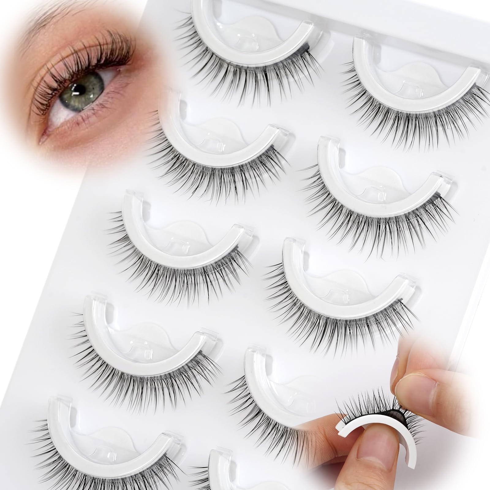 Self Adhesive Eyelashes No Glue Eyelashes False Lashes Glueless 10mm Natural Short Pre-glued Press on Lashes No Glue Needed Wispy Strip Lashes with Applicator by EMEDA(10mm L08 Black Adhesive)