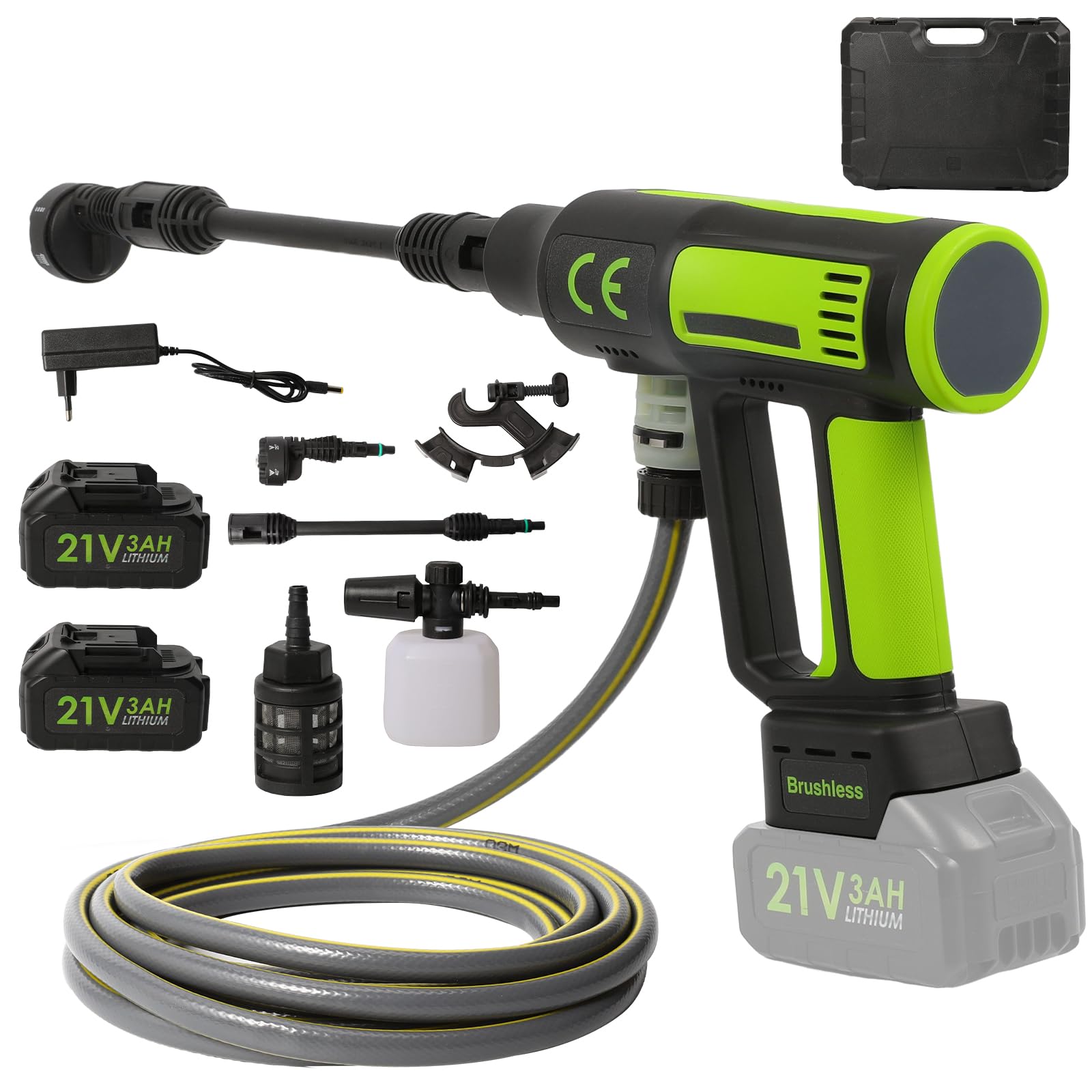 3500W Hidrolimpiadora de Alta Presión, Hidrolimpiadora Portatil MAX 200 Bar con 2 Baterías, 6 en 1 Boquilla Multiusos y 180° Boquilla Giratoria, Lavadora Inalámbrica para Coche, Jardín (Verde)