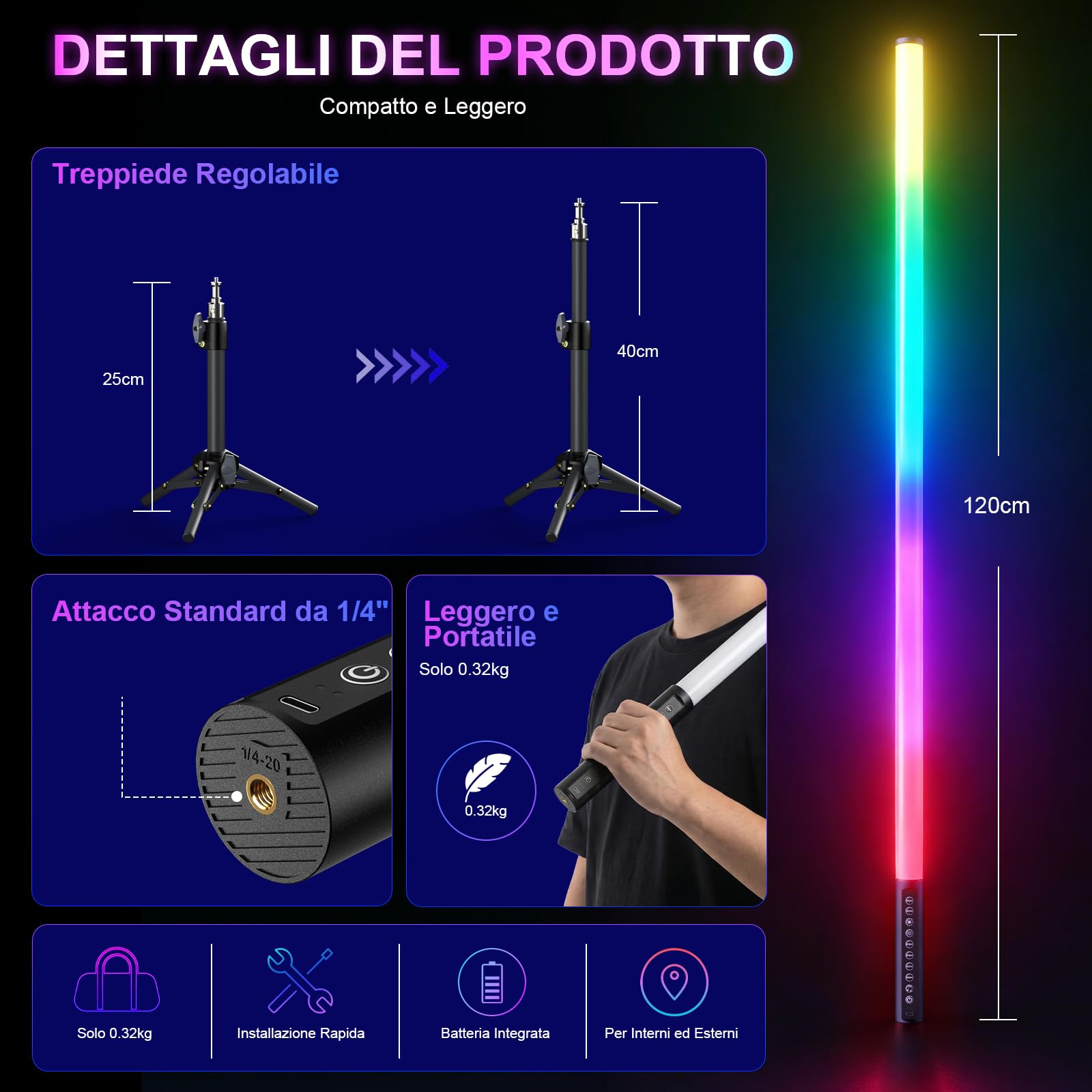 Set di 4 Barre LED RGB con Treppiede, Tubo Luminoso Video da 120 cm, Sincronizzazione Musicale, Batteria Ricaricabile da 5200 mAh, Controllo tramite App e Telecomando, Luce RGB Dimmerabile per Fotogra