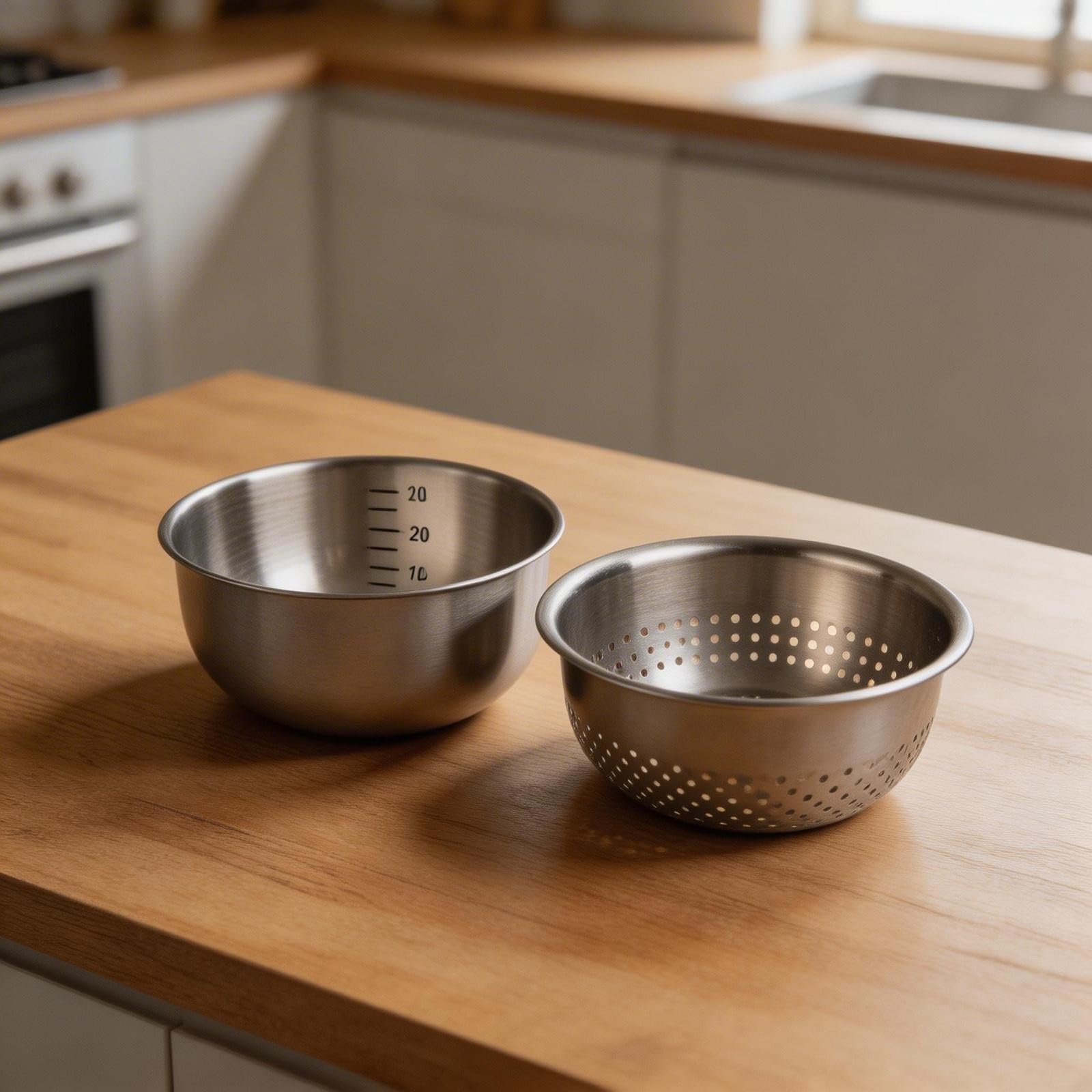 2-teiliges Edelstahl-Sieb und Salatschüssel-Set, 304 Abtropfkorb mit Messmarkierungen für Gemüse, Obst, Nudeln, Reis, Küche und Camping im Freien (M)