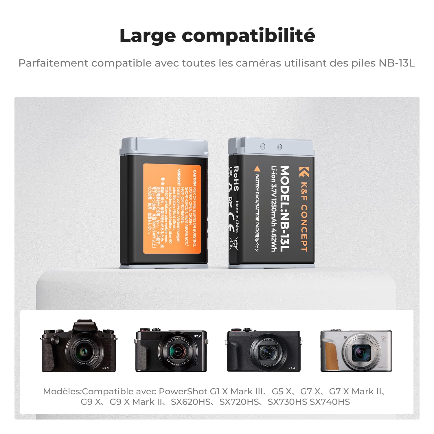 K&F CONCEPT NB-13L Batterie de Remplacement 2-Pack avec Chargeur LCD Dual Slot, Compatible avec Canon EOS G7X3/G7X2/G9X/G5X/SX720HS Cameras etc.