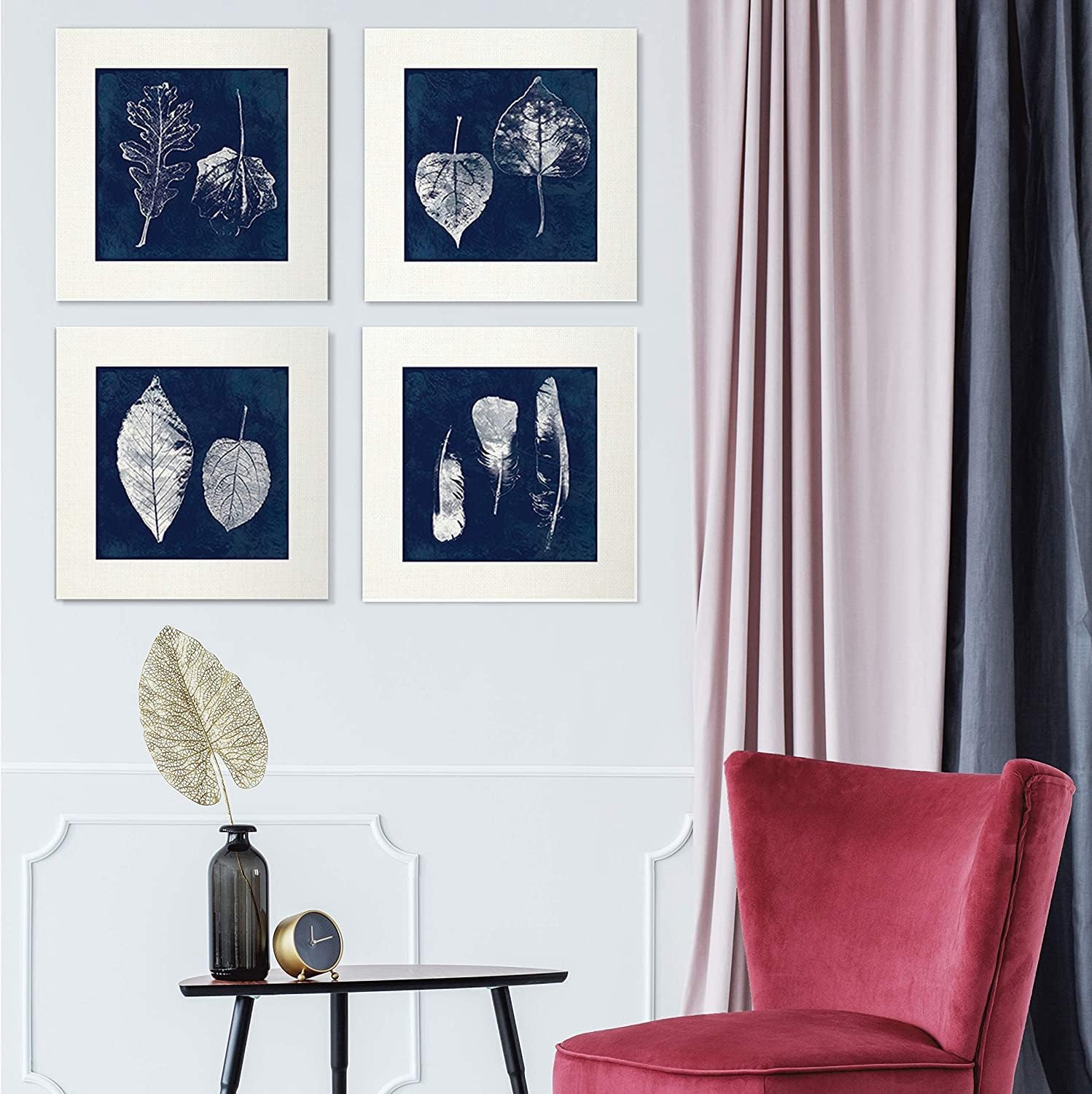 Renditions Gallery Canvas Wall Art, 4 Panels Set 16x16 Inches Each Framed Artwork, Cyanotype Feather Leaf Illustration Painting Pictures for Home Décor