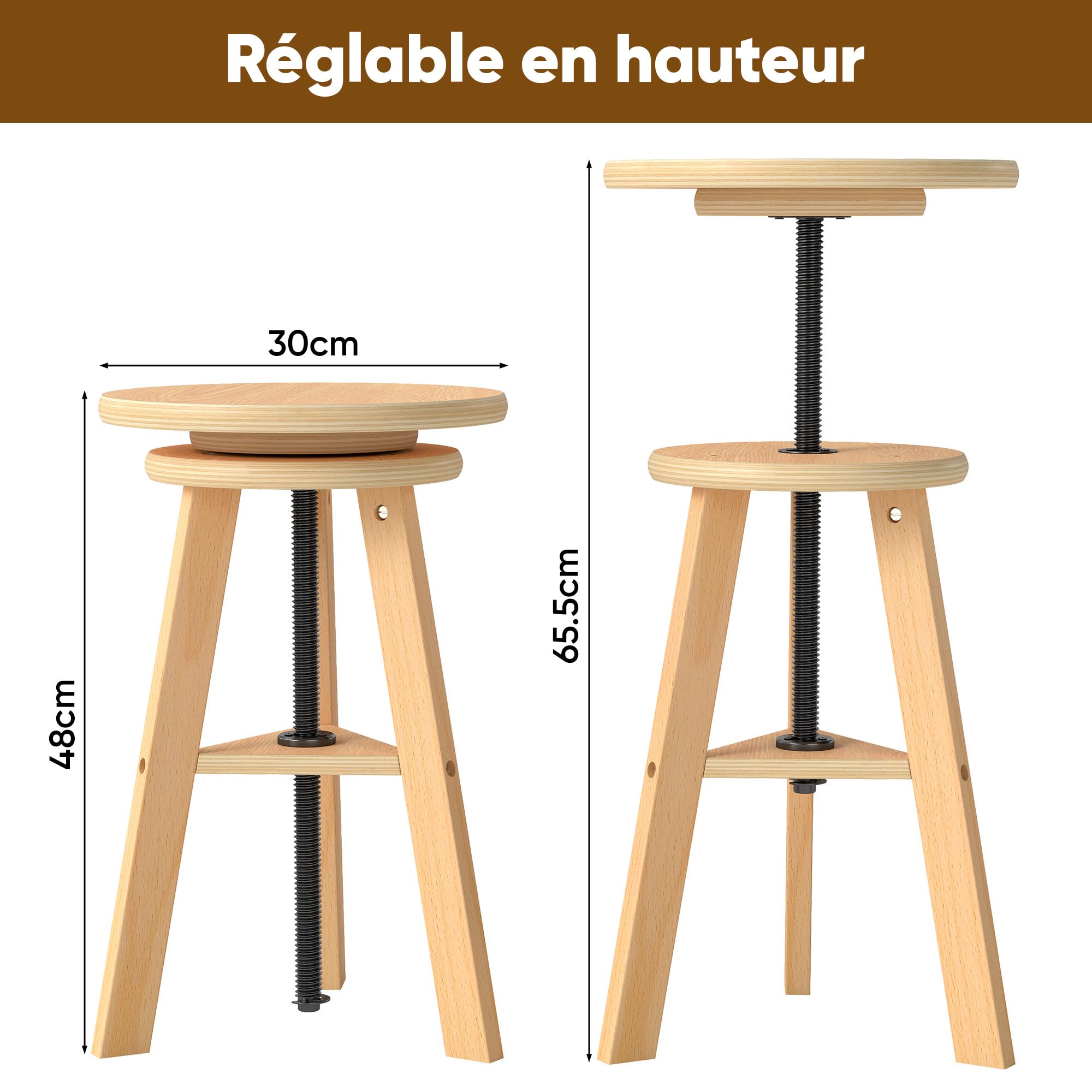 Tabouret Bois Hêtre Réglable en Hauteur 30 cm pour Artiste Dessin Studio Bar Cuisine