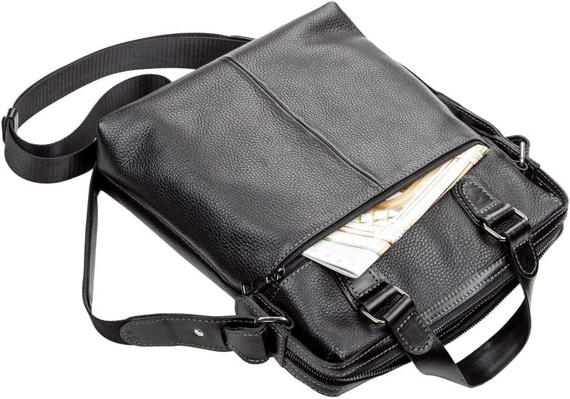 Shvigel Leather Messenger Bag Men - iPad & Tablet Black Bag - Small Vertical Mini Crossbody Satchel - Flapover Handbag