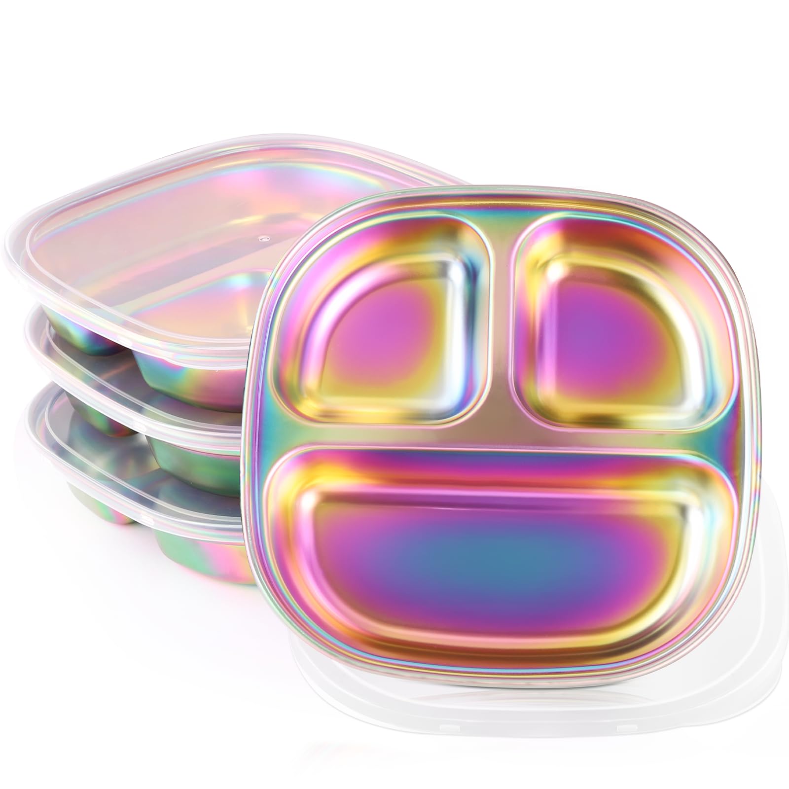 Bakpoco Stainless Steel Kids Plates 4 Packs, Portion Control Divided Plate with Lids, Non Toxic Unbreakable Toddlers Baby Dinner Dishes, Square