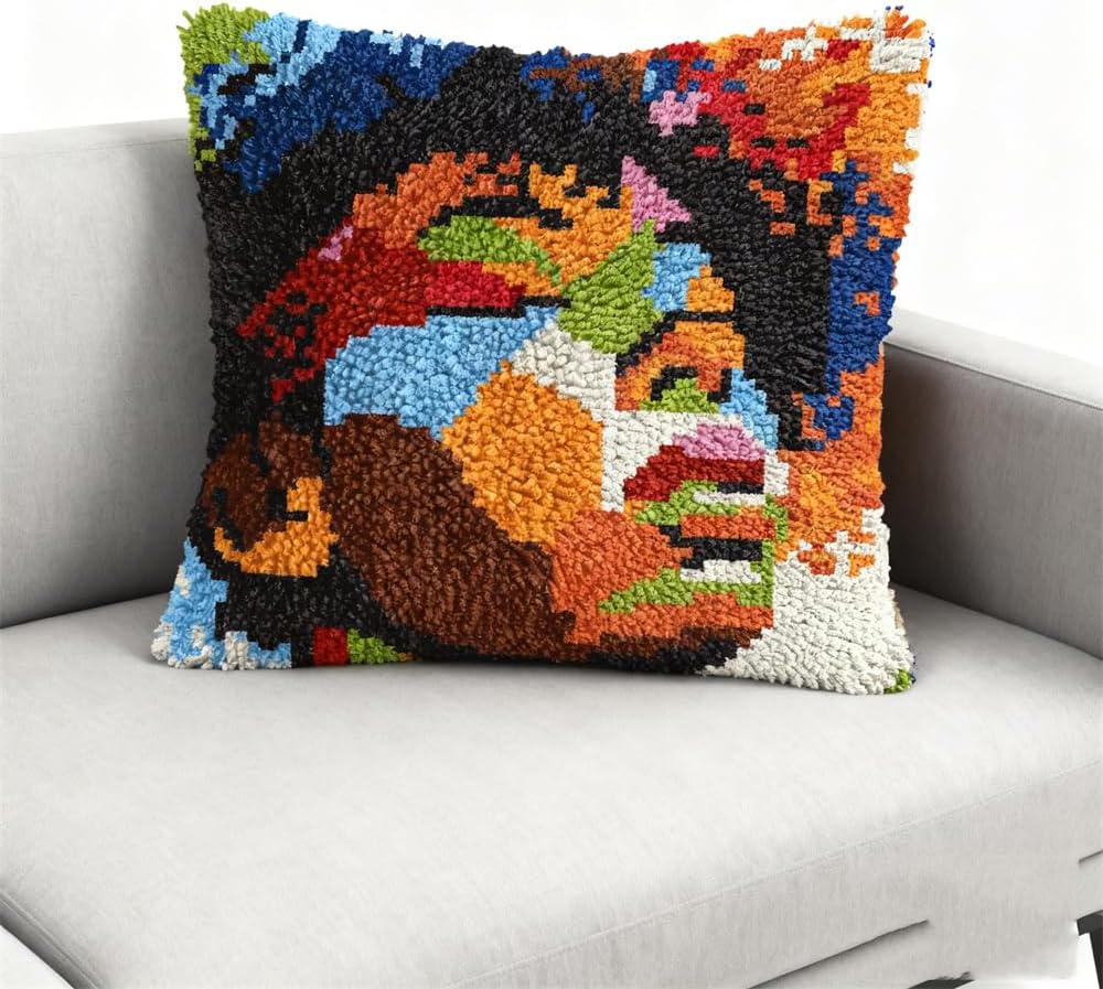 Latch Hook Pillow Kit Abstract Graffiti African Woman with Pre-Printed Pillow Cover DIY Pillowcase Crochet Yarn Hooking Craft Set for Hobby and Home Decor 43x43cm-1