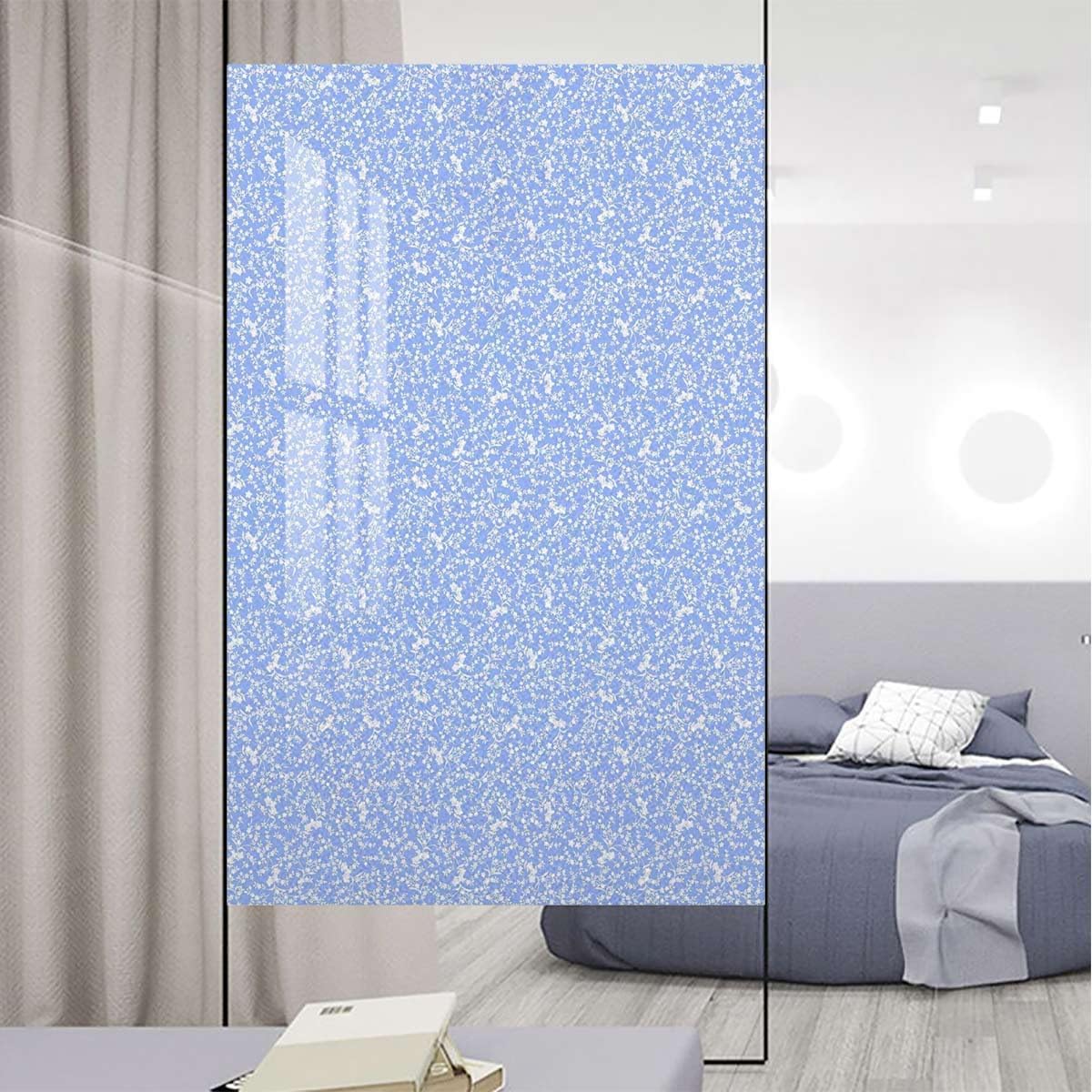 Blue White Window Film No Glue Privacy Glass Film Garden Flower Motif Removable Static Cling Window Film Stickers Flowers Art 31.5Wx62.9L-inch