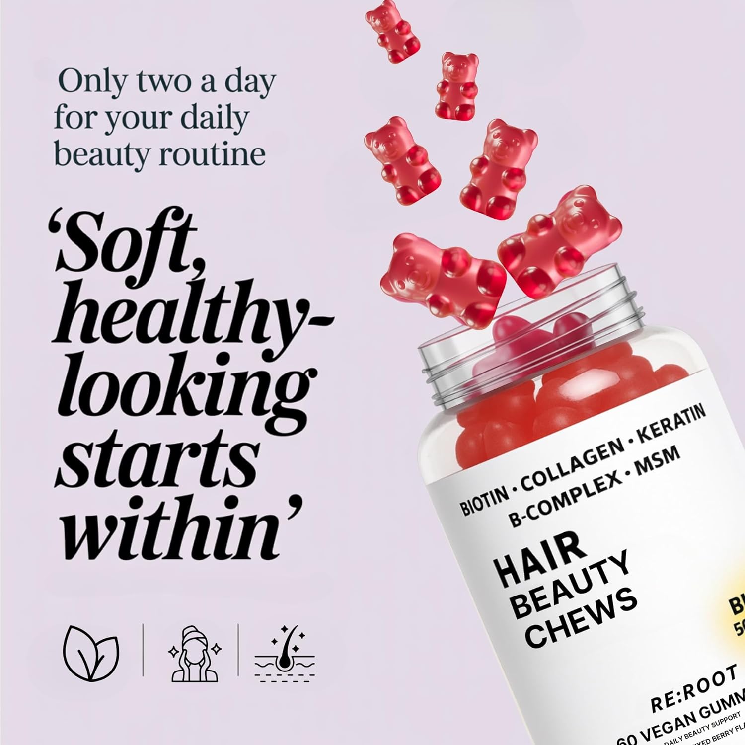 RE:ROOT Hair Growth Gummies – 5,000 mcg Biotin with Collagen, Keratin & MSM – Hair, Skin & Nails Support – 60 Berry Gummies
