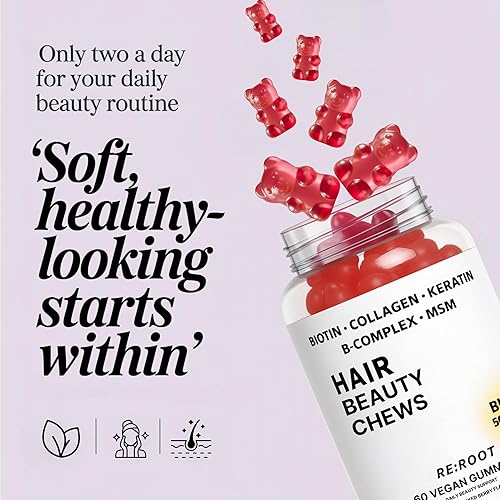 Miniatura 5 de REROOT Gomitas de belleza capilar  5000 mcg de biotina, colágeno, queratina, MSM  Soporte para cabello, piel y uñas  Vegano  Sabor a bayas  60