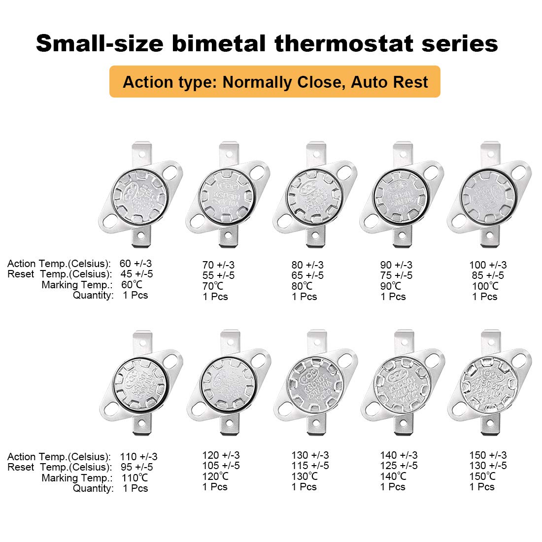 sourcing map Lot de 10 thermostats NC KSD301 60–150 °C – Interrupteur de contrôle thermique 60 70 80 90 100 110 120 130 140 150 °C Normalement fermé