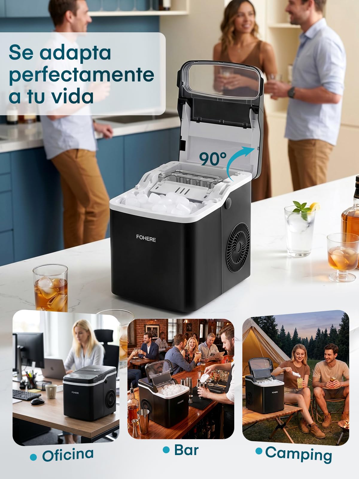 FOHERE Máquina de Hacer Hielo de Encimera, 9 Cubitos en 5 Min, Capacidad 14KG/24H, Máquina de Hielo Autolimpiable con Tapa Completamente Abrible, 2 Tamaños, para Casa, Cocina, Oficina, Camping