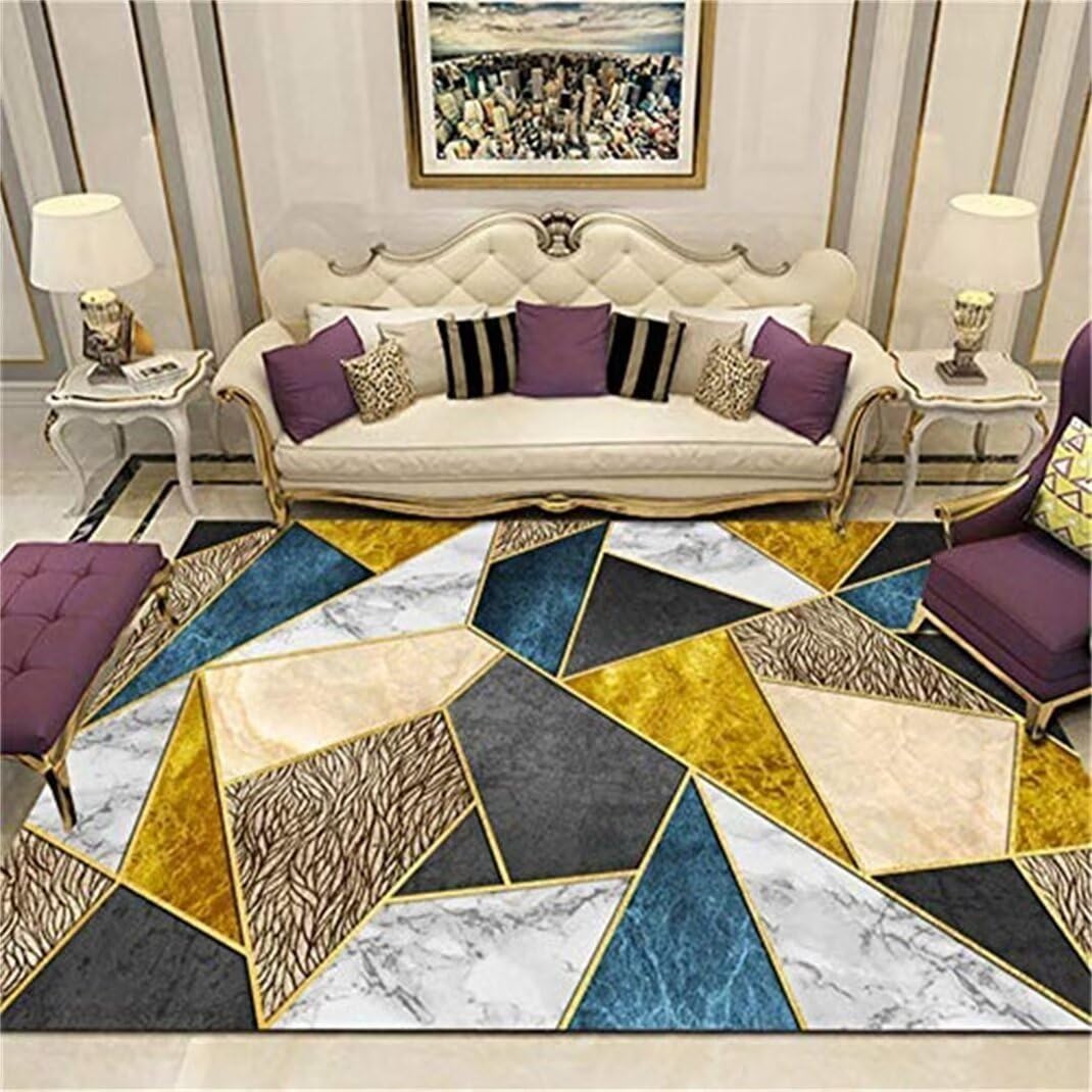 Grand tapis chambre bleu géométrique contre les sols froids