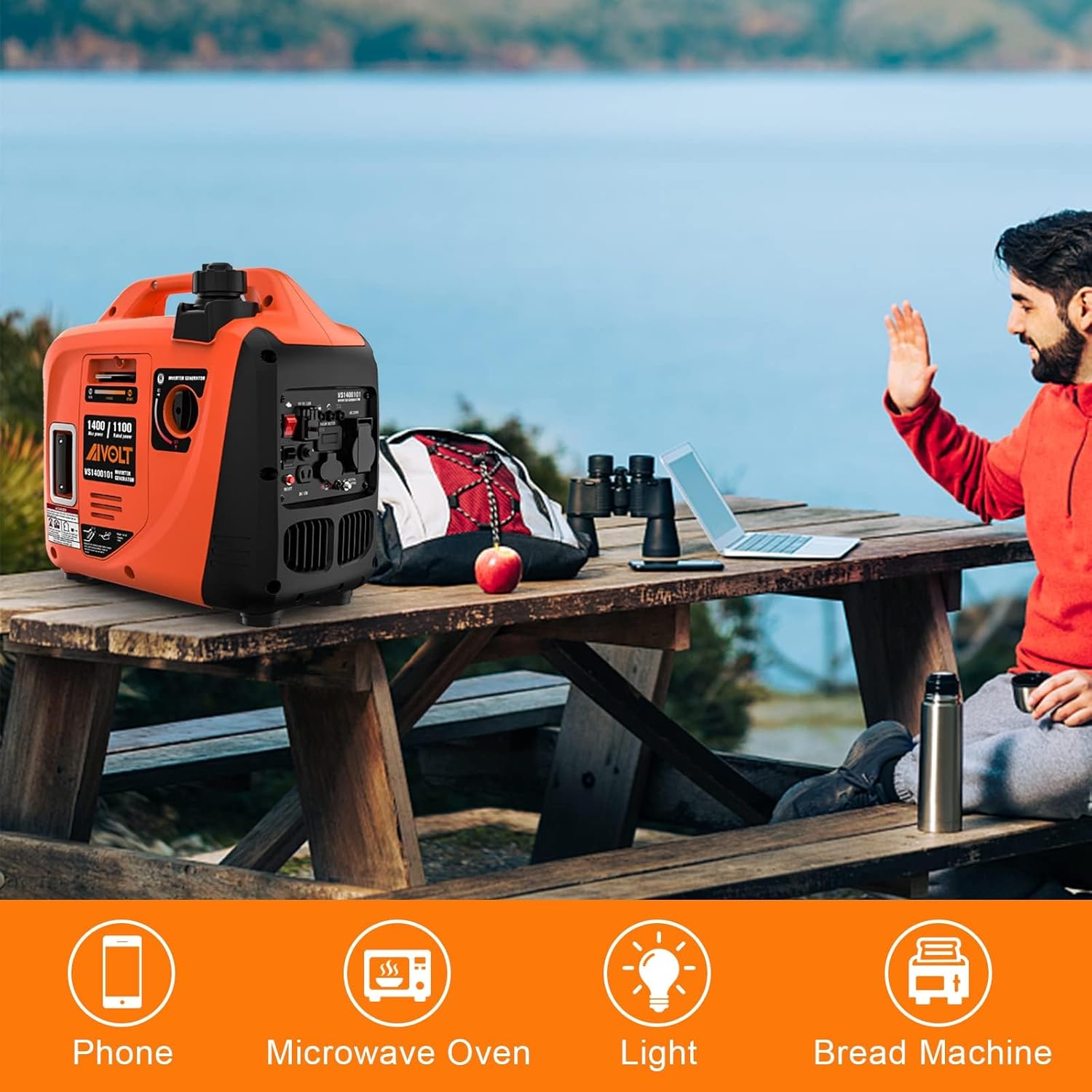 AIVOLT Silent Gasoline Inverter Generator 1400W with AC Outputs 230V/DC 12V/USB Type-A and 2.5L Portable Lightweight Generator Tank for Outdoor Camping