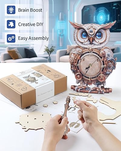 Miniatura 4 de Rompecabezas de madera 3D para adultos, kit de rompecabezas de reloj de lechuza 3D (con péndulo), rompecabezas de lechuza mecánicos 3D para adultos,