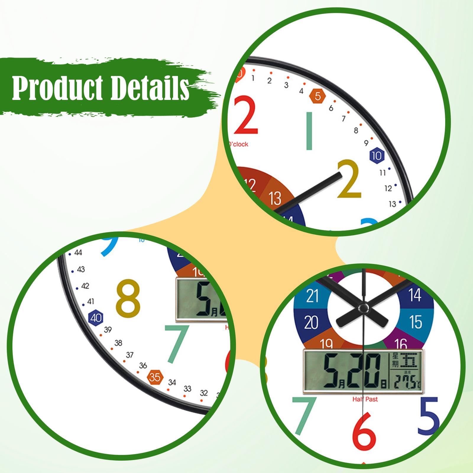 Reloj Infantil para Enseñar La Hora con LED Multifunción Sin Ruido Material PP Y Vidrio Adecuado para Decoración de Cuarto Infantil Escuela Bi, Style C, Individual