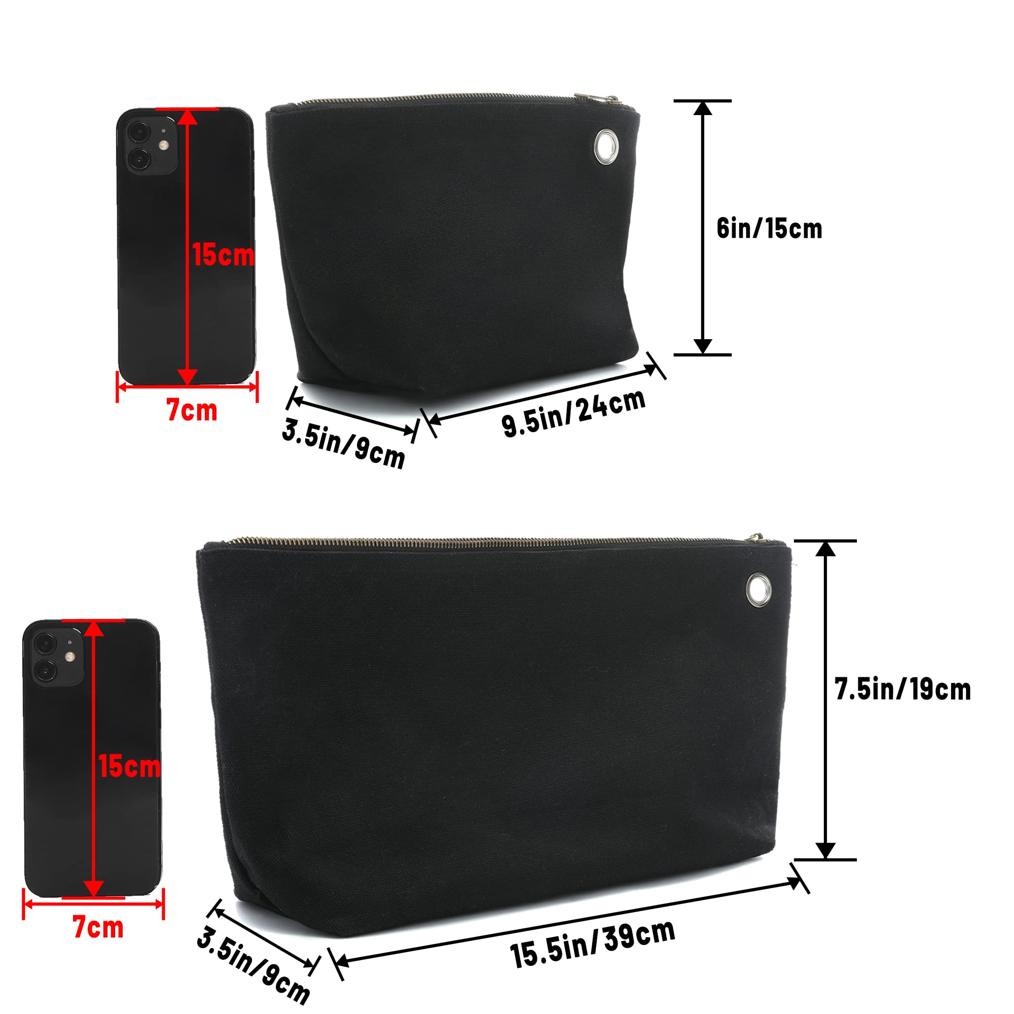 Tool Storage Bag - 16OZ Waxed Canvas Item Collection Pouch, Portable Tools Organizer Pouches with Zipper, Black, 1 Large + 1 Small - Image 2