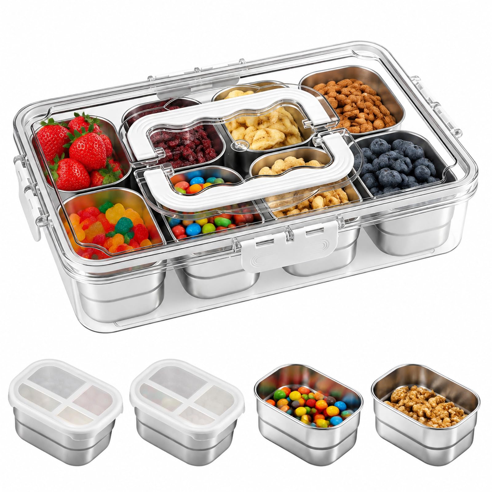 Qingning Stainless Steel Snack Box with 8 Compartments | Snack Box, Divided Serving Tray with Lid, Transparent Snack Plate for Fruits, Nuts, Sweets, Spices