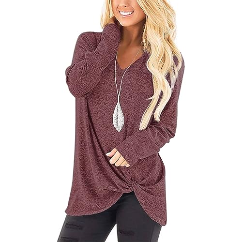 SimpleFun Womens Tops Long Sleeve Shirts V Neck Loose Fit Twist Knotted Fall Tunic Sweaters Blouses