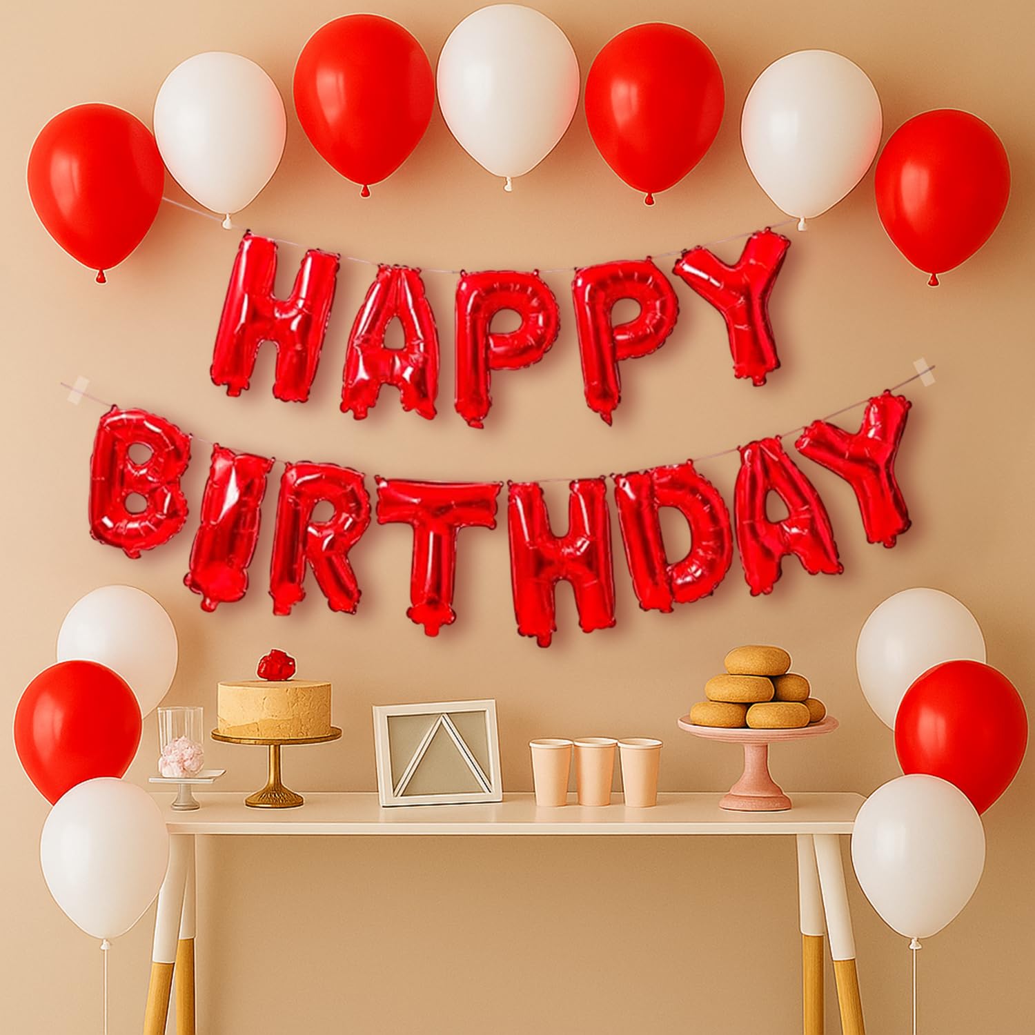 Party Propz Red Birthday Decoration Kit – 12 Pcs with Happy Birthday Banner, Red & White Balloons, Arch Roll for Birthday Decoration items,Birthday Balloons (Latex, Foil)