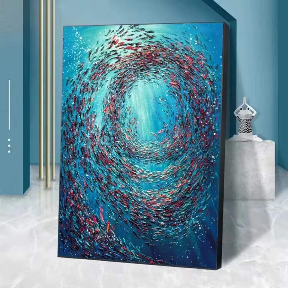 Tableau abstrait banc de poissons bleus grand format 60x90 cm salon décoration murale 3D