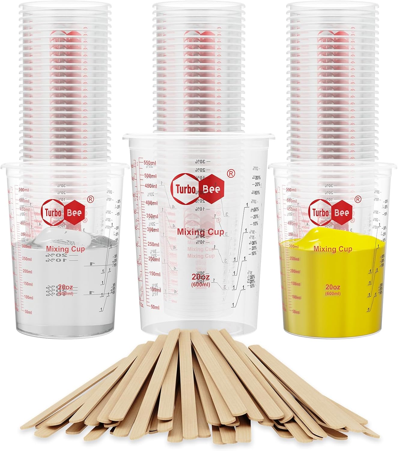 20oz Resin Mixing Cups - [Easy-Separate Design] 50 Pack Graduated PP Plastic Mixing Cups for Epoxy Resin, Paint & Automotive - Includes 50 Stir Sticks, Calibrated Ratios 2:1 3:1 4:1, ML & OZ