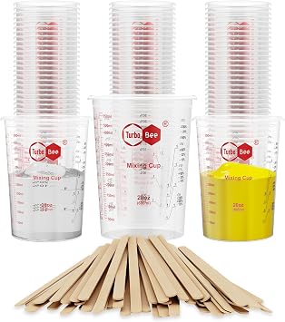 20oz Resin Mixing Cups - [Easy-Separate Design] 50 Pack Graduated PP Plastic Mixing Cups for Epoxy Resin, Paint & Automotive - Includes 50 Stir Sticks, Calibrated Ratios 21 31 41, ML & OZ