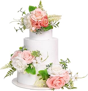 TINGE TIME 3Pcs Pre-made Cake Toppers,Silk Artificial Flowers Decor,Cake Decorations for Weddings, Birthdays, Party,Baby Shower,Celebration (PeachPink&White)