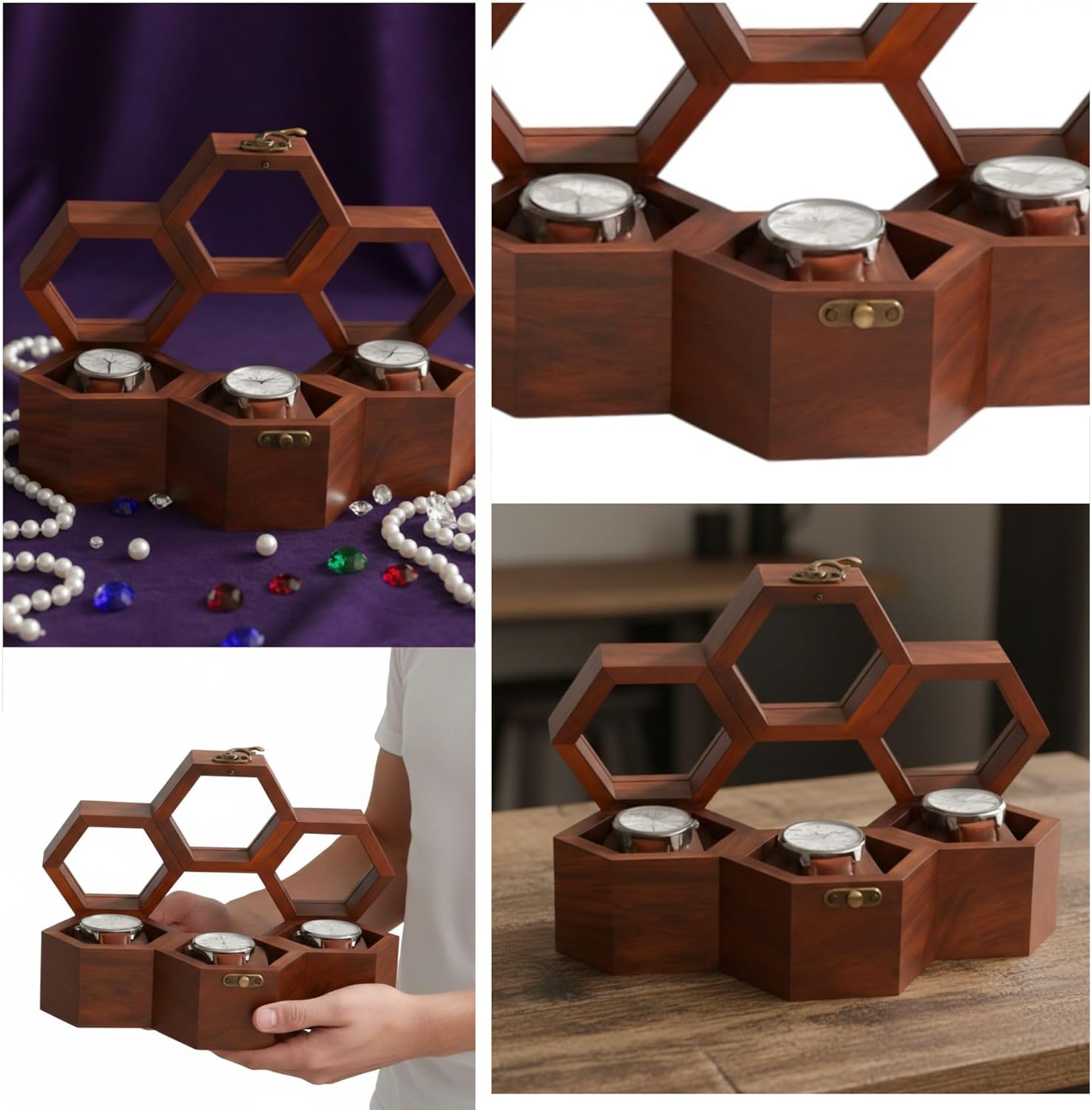 Rosewood Honeycomb Watch Box Display Case Holder Collector Organizer for Men, Men's Vintage Watch Storage Box to Store and Keep your Watches Safe (Slots:- 3)