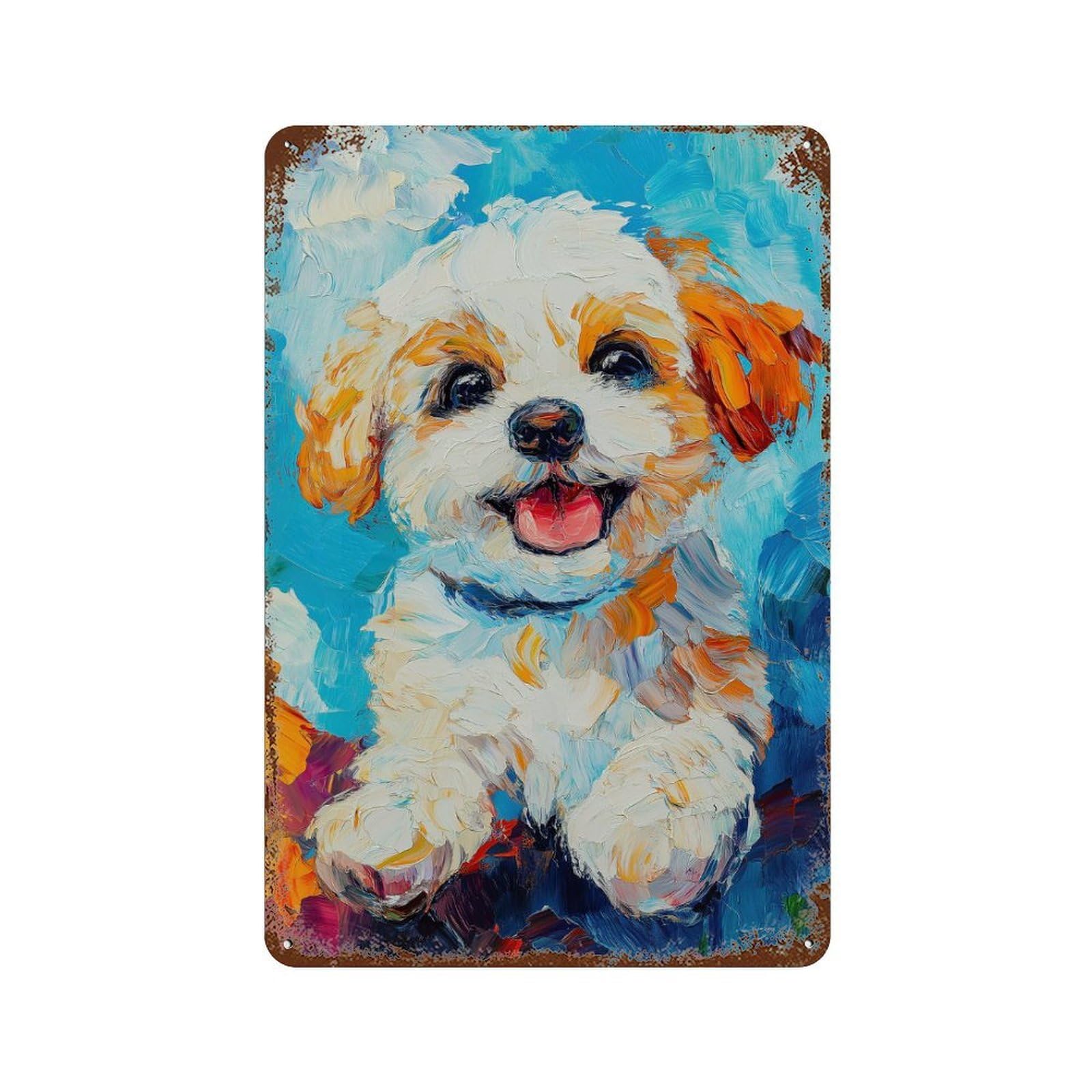 Aged Metal Wall Plaque with Cute Puppy Painting Design 11.8"x7.9", for Shed, Workshop And Garage Wall Decor, Decorative Metal Wall Art
