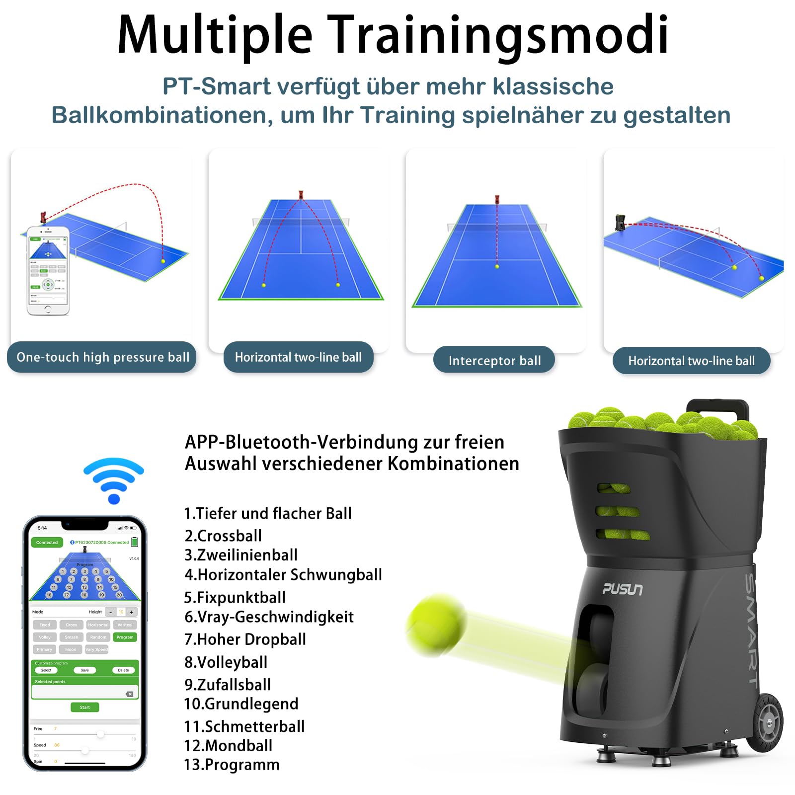 PUSUN PT-SMART Tennisballmaschine - Profi Ballwerfer mit APP-Steuerung (App für Apple Watch), 20 Landepunkte & 12 Modi, Smart Tennis Trainer für alle Spielniveaus (4-6 Std. Laufzeit)