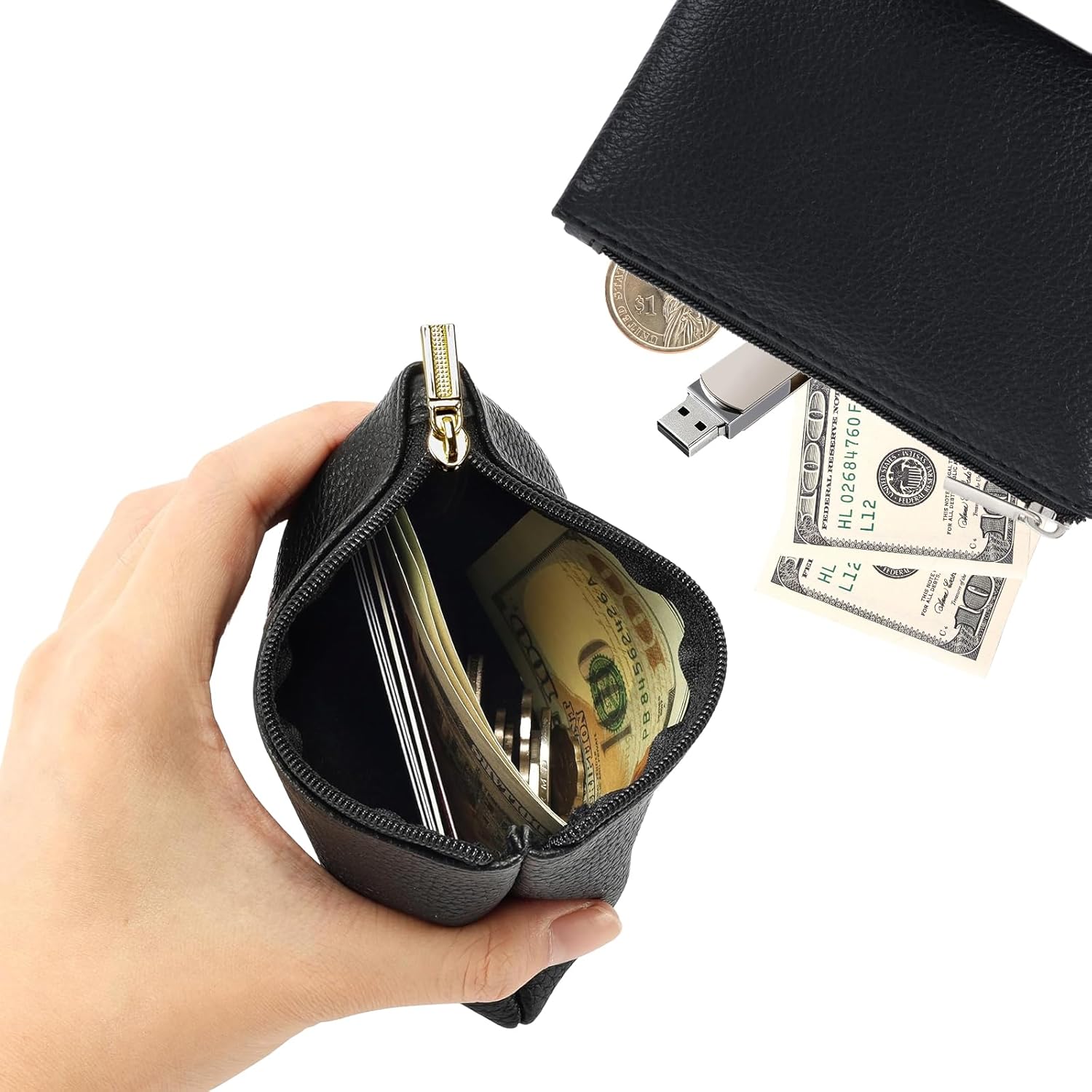 2 Pack Leather Zipper Coin Purse, Portable PU Leather Coin Purse,Mini Coin Pocket Pouch Change Holder, Coin Pouch with Zipper for Men Women Headset Credit Card ID Key Lipstick (Black&Brown)